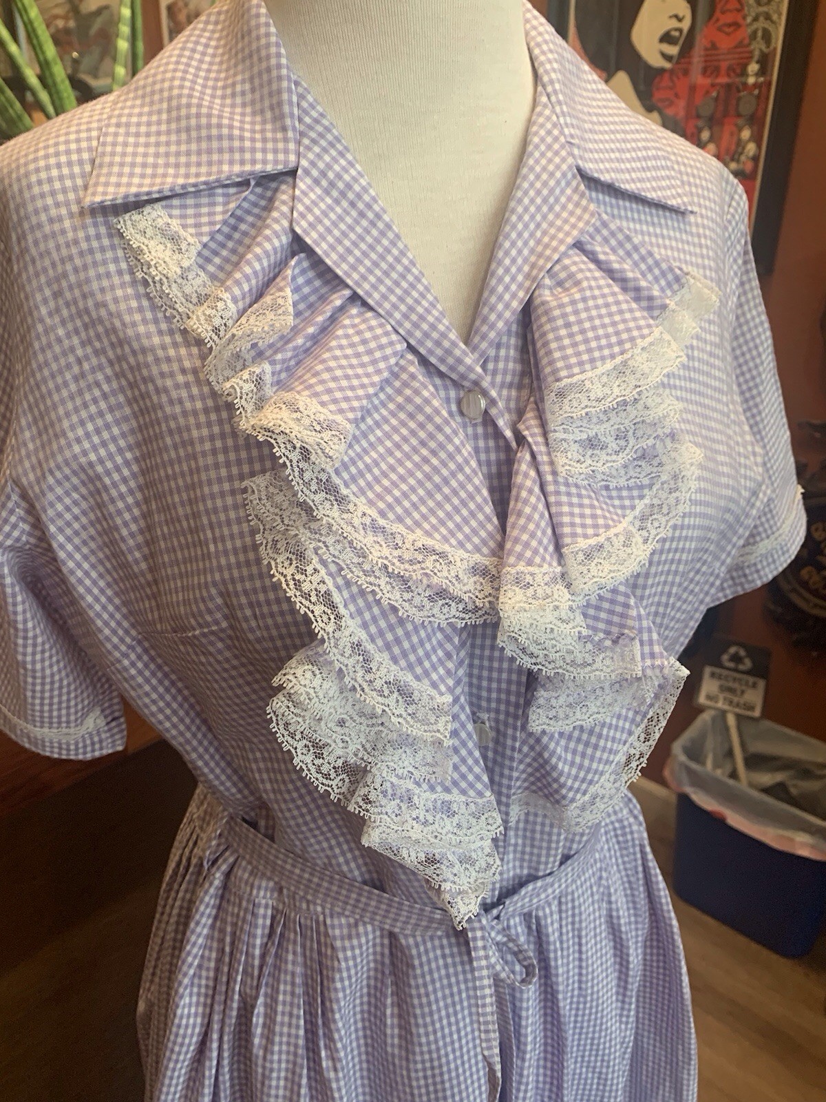 Vintage Purple Gingham Picnic Pin Up Plaid Shirtwaist Ruffle Day Dress