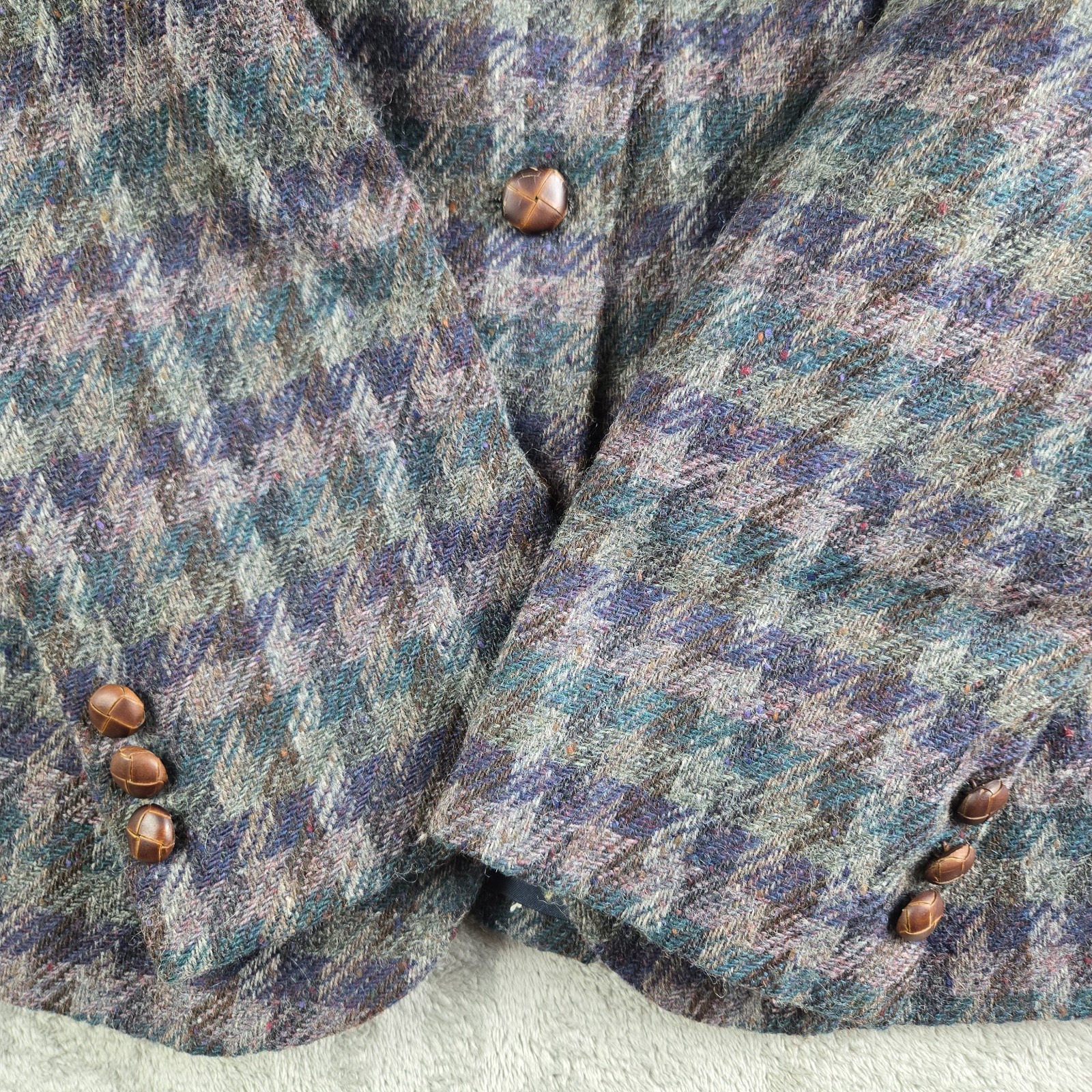 Vintage Laura Caspari Jacket Women Gray Purple Green Houndstooth 100% Welsh Wool
