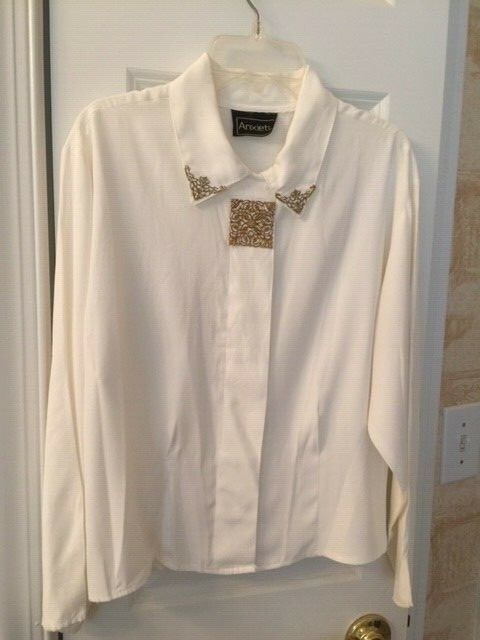 ANXIETY WHITE LONG SLEEVE BLOUSE GOLDTONE METAL FILIGREE ACCENTS VTG SIZE M