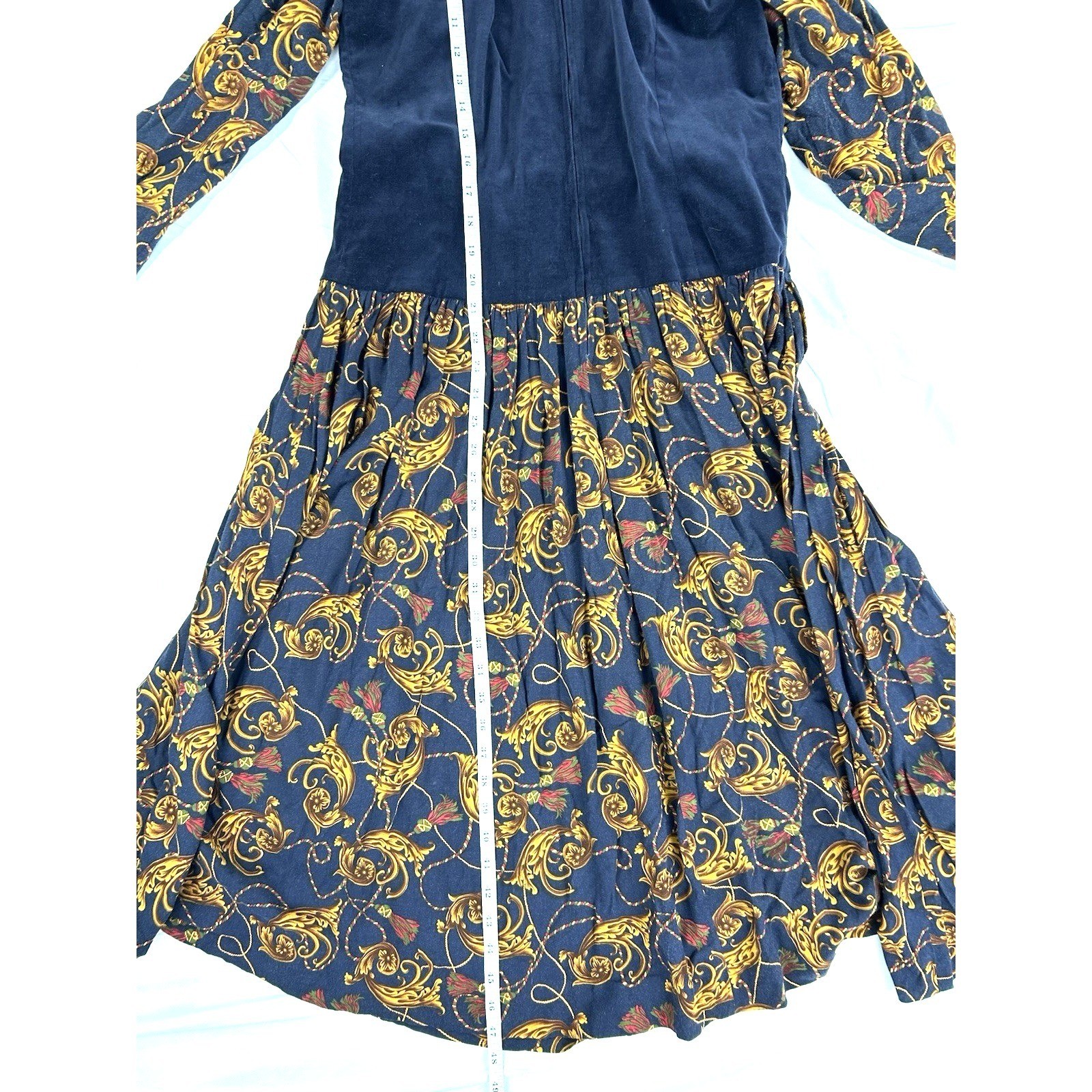 Donna Morgan Vintage Navy Velvet Paisley Midi Dress Gold Tassel 80s Size 11/12