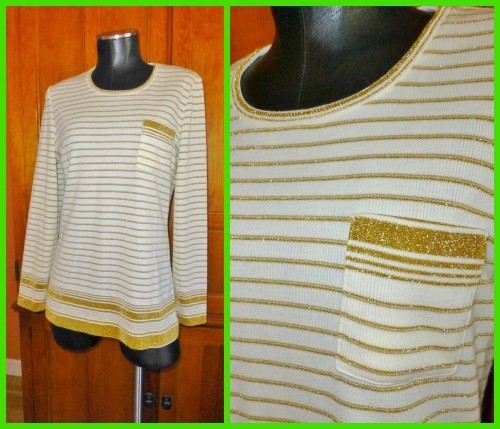 Vtg 70s GOLD Metallic Stripe Ribbed Knit Retro Cocktail TOP SWEATER Tunic M