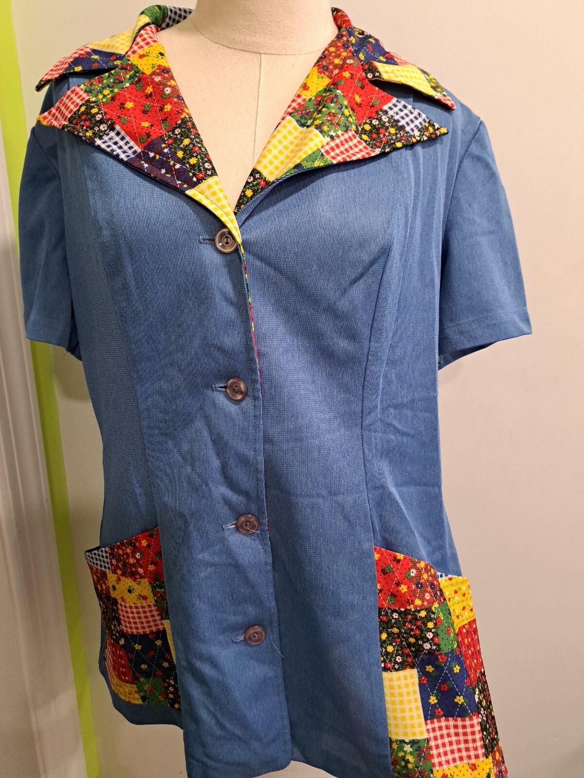Vintage Rockabilly Waitress Top Patchwork Print Oversized Collar & Pockets LARGE