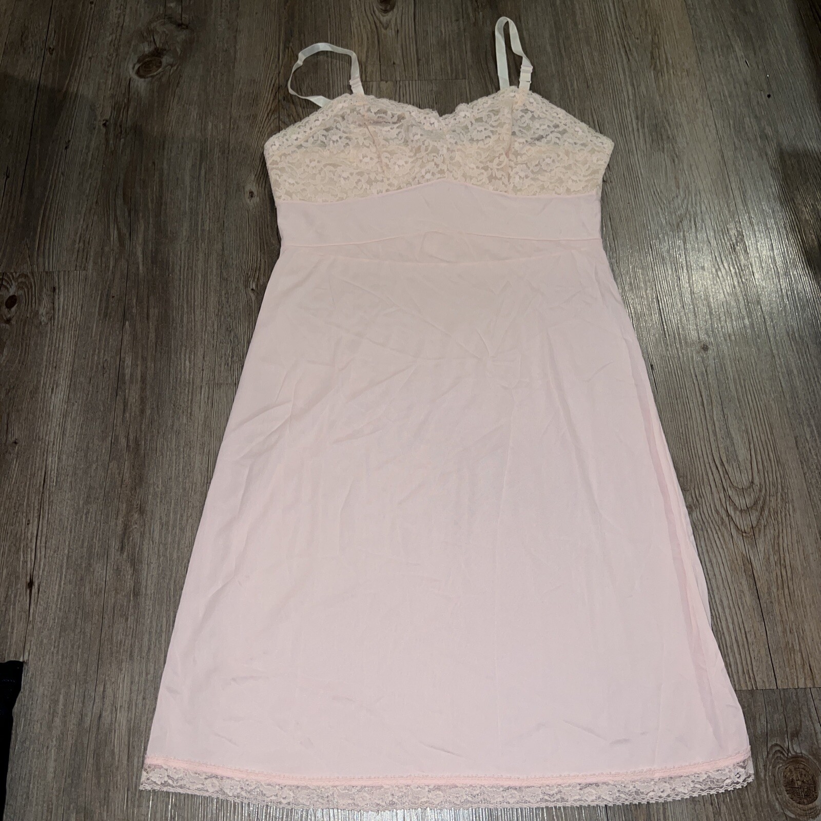 Vintage Charmode Lingerie Size 34 Pink Full Slip Dress Gown Lace Bust Adjustable