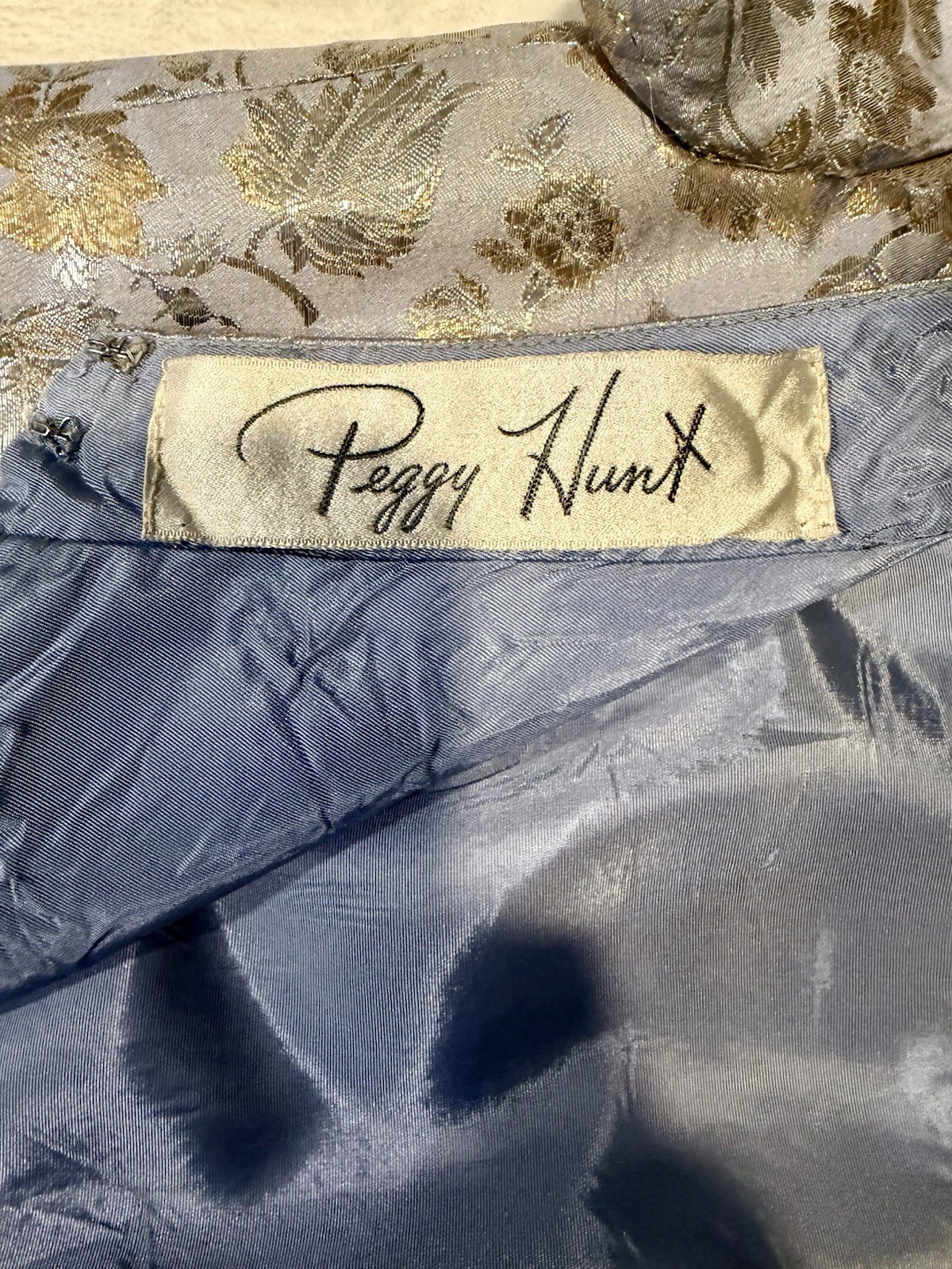 Vintage 1960s Peggy Hunt Silk Brocade Cocktail Dress 26” Waist Gold Floral