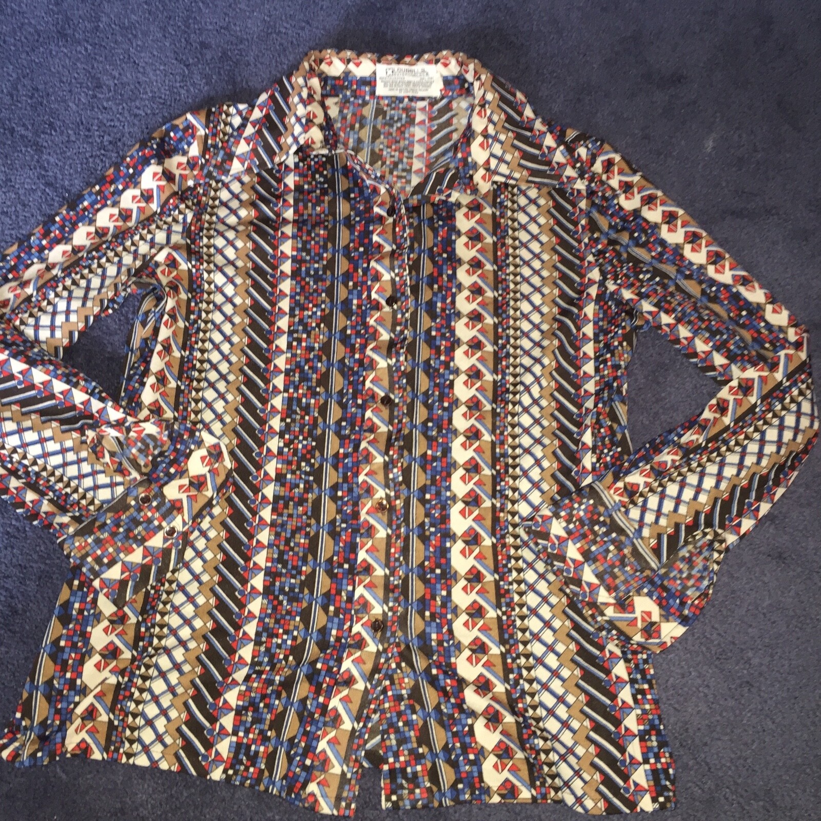Womens Vintage BLOUSE LOUBELLA Brown Blue and Red Geo-Deco Print 20 Bust