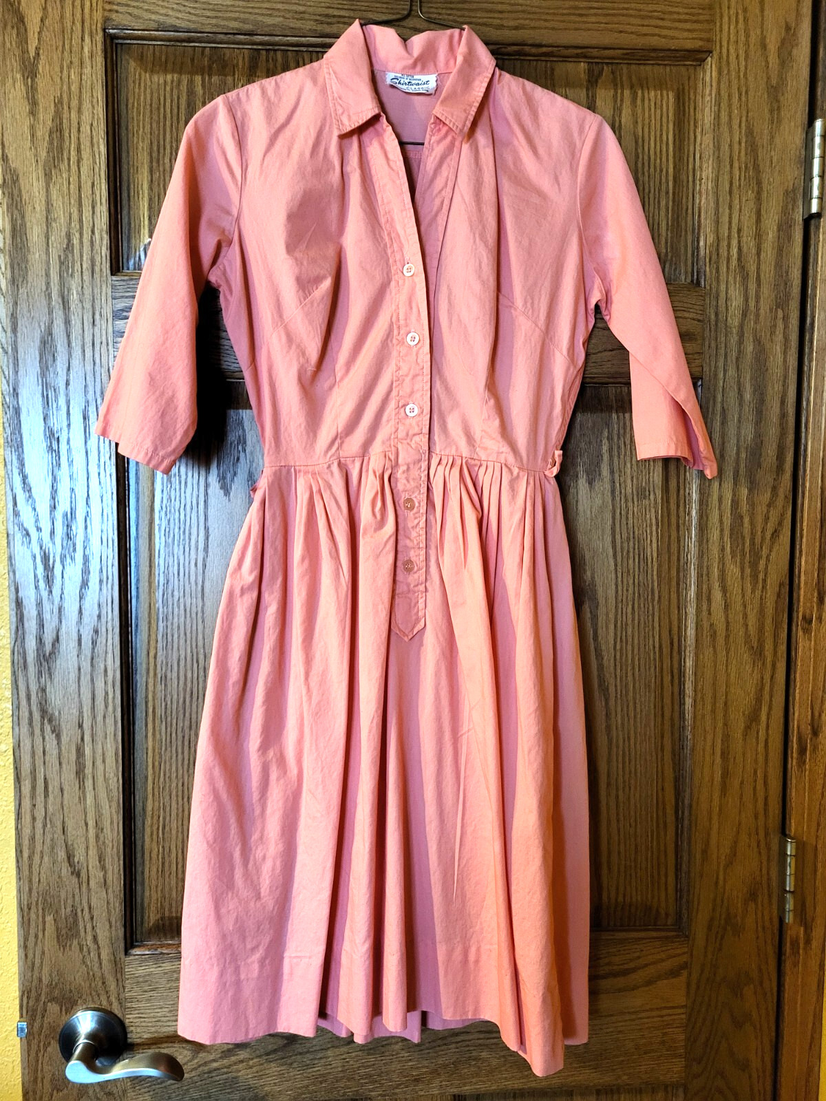 Women’s Vintage Coral Color Shirtwaist Classic All Cotton 3/4 Sleeve Dress Sz S