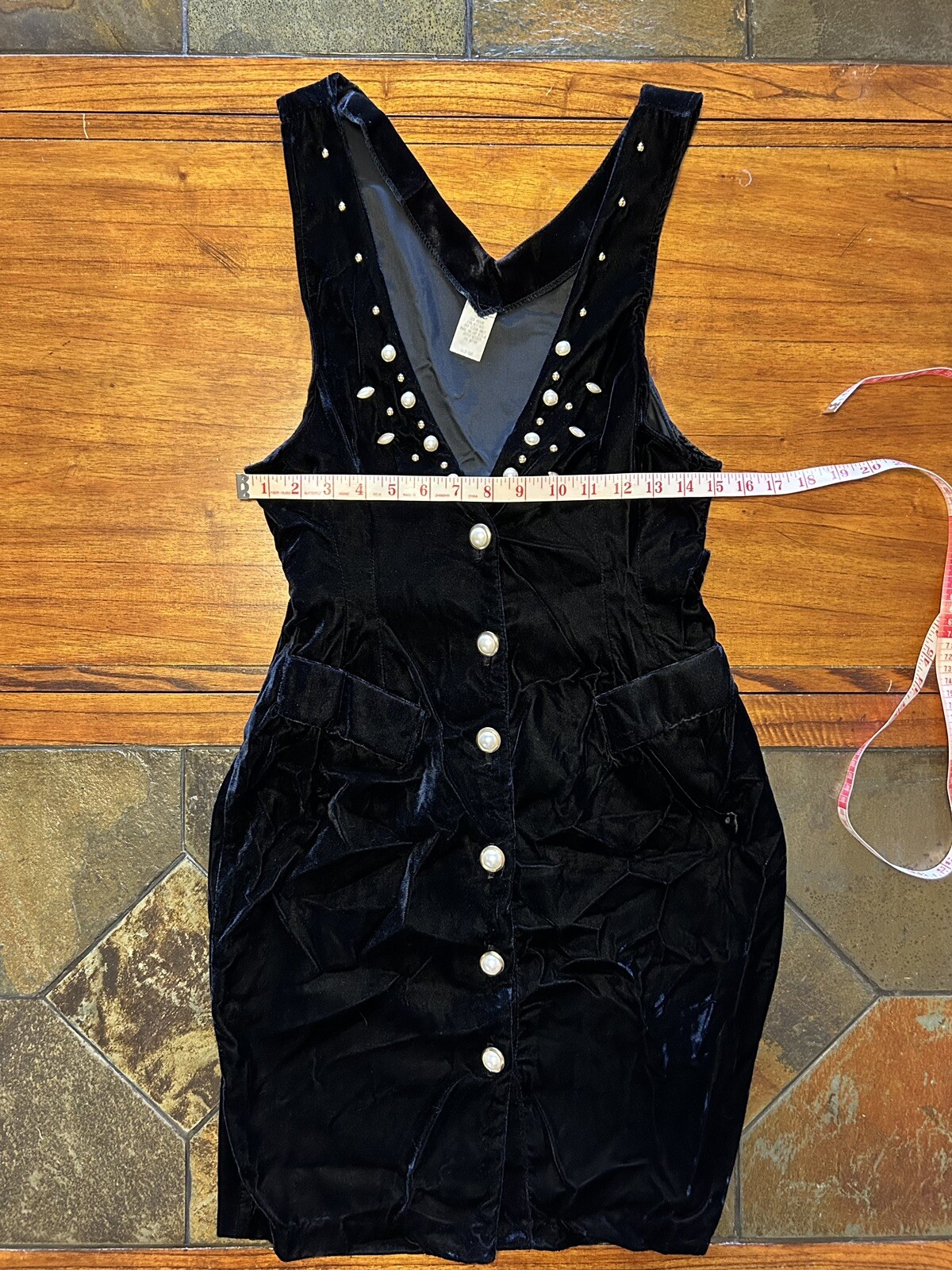 Vintage 1980s/90s XTRMZ Black Crushed Velvet Faux Pearl Buttons Sexy Dress 5/6