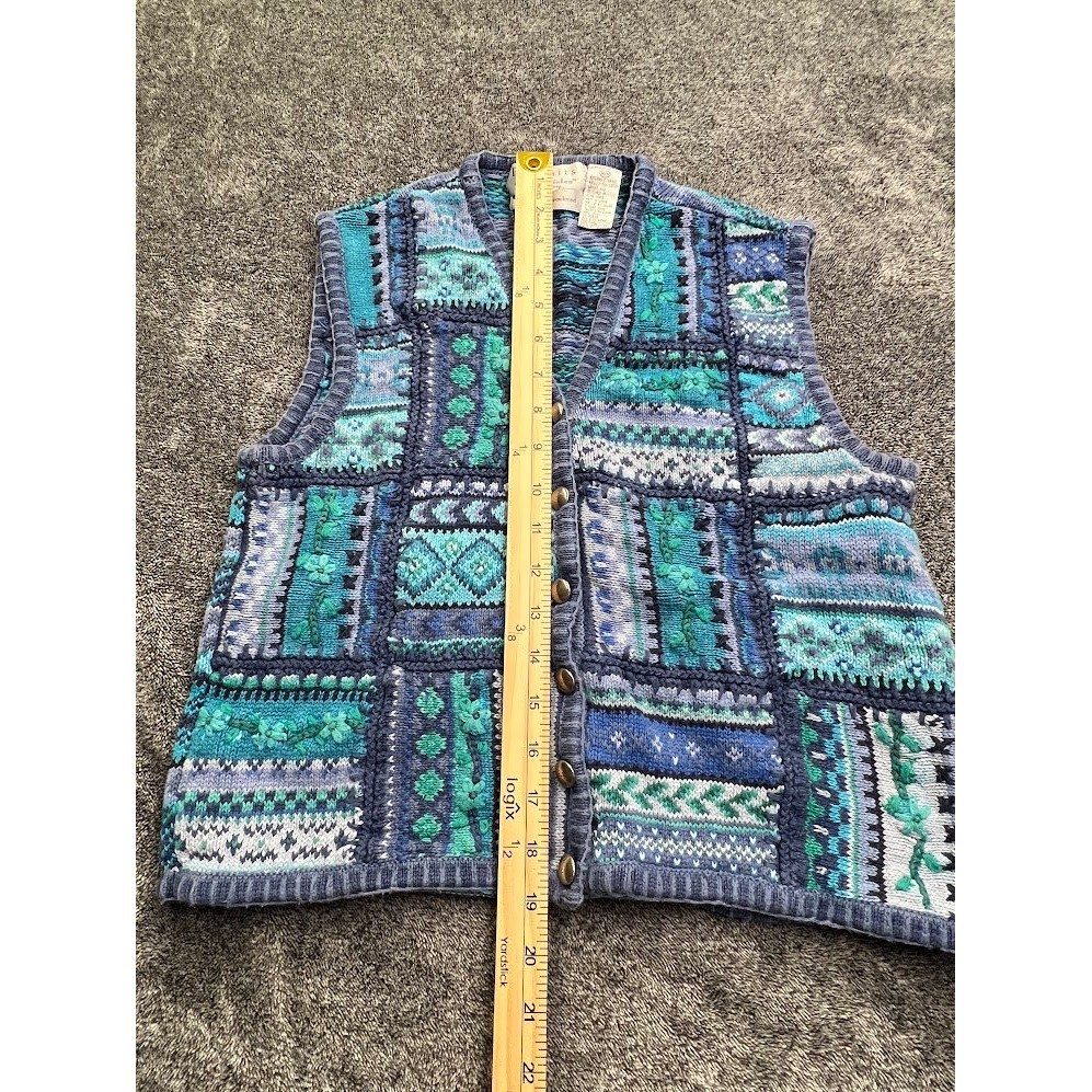 Portraits Northern Isles Vintage Blue Patchwork Floral Knit Sweater Vest Medium