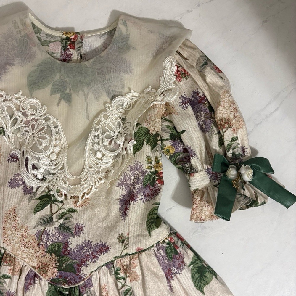Vintage Jinelle Size 14 Floral Mesh Lace Neck Mini Dress Victorian Cottagecore