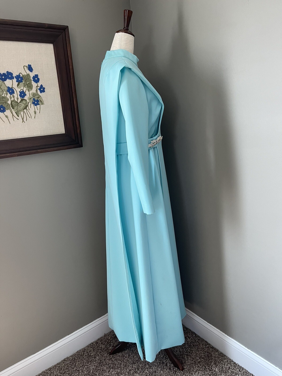 Vintage 1950s -60s Formal Gown Dress Teal Blue Embellished Crystals Horror Movie