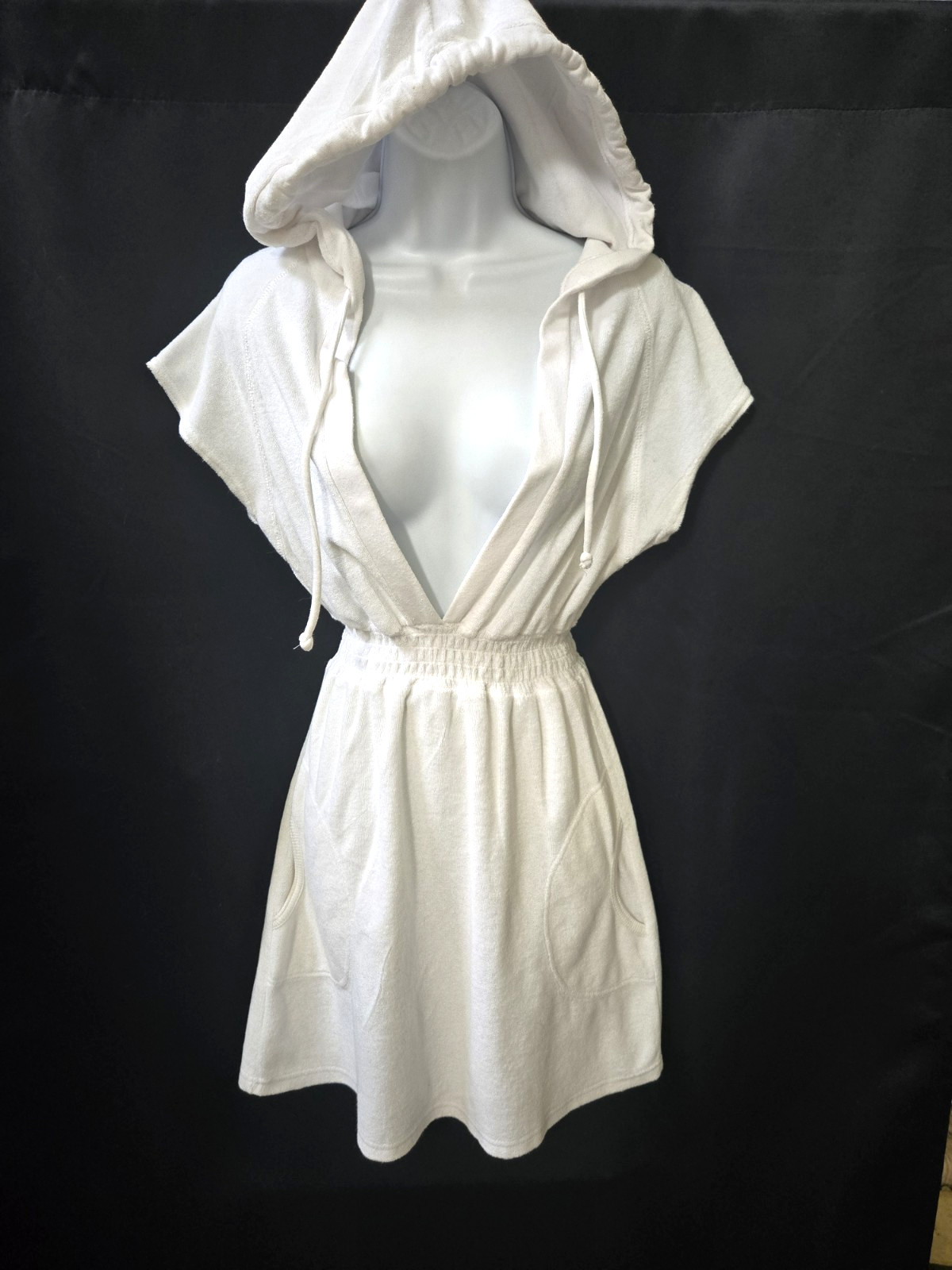 Sporty Sexy Cute Vtg 90s HANA SPORT Deep V-Neck Terrycloth Hoodie Mini Dress L