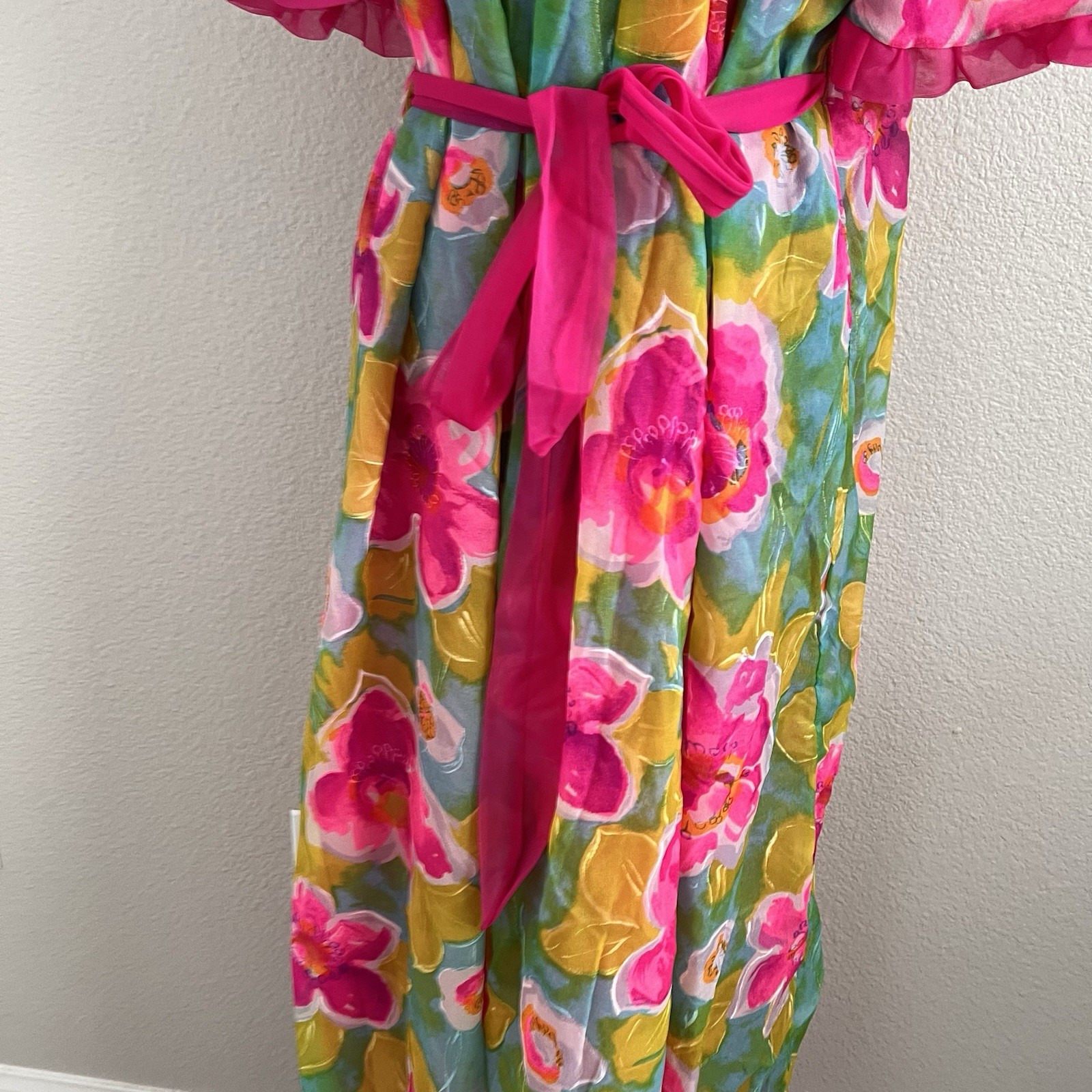 Vintage Jenelle of California Gown Belted Ruffles Floral Lined Colorful Nylon