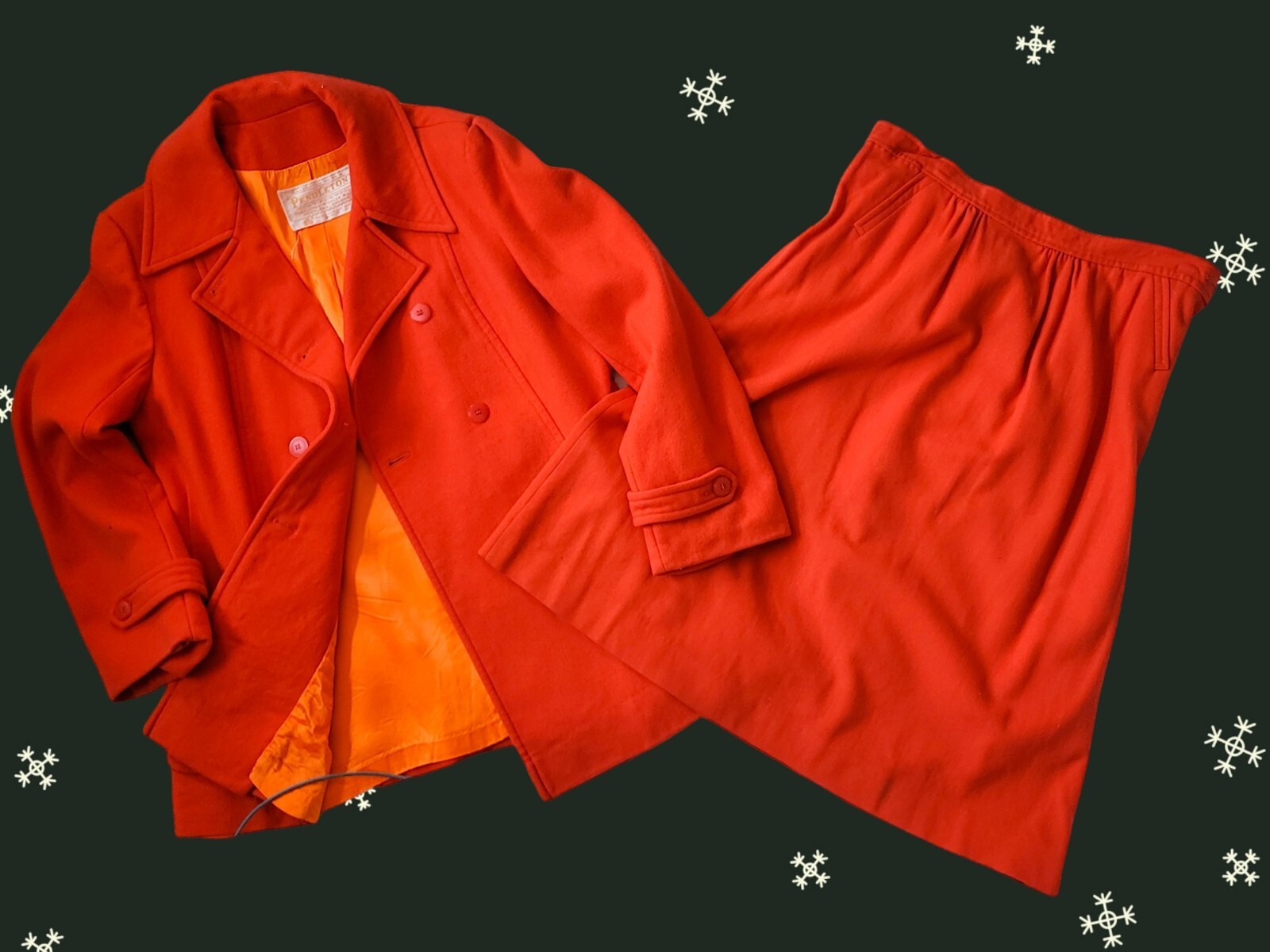 Vtg Women’s L Pendleton Wool Skirt & Double-Breasted Blazer Tomato Red/Orange