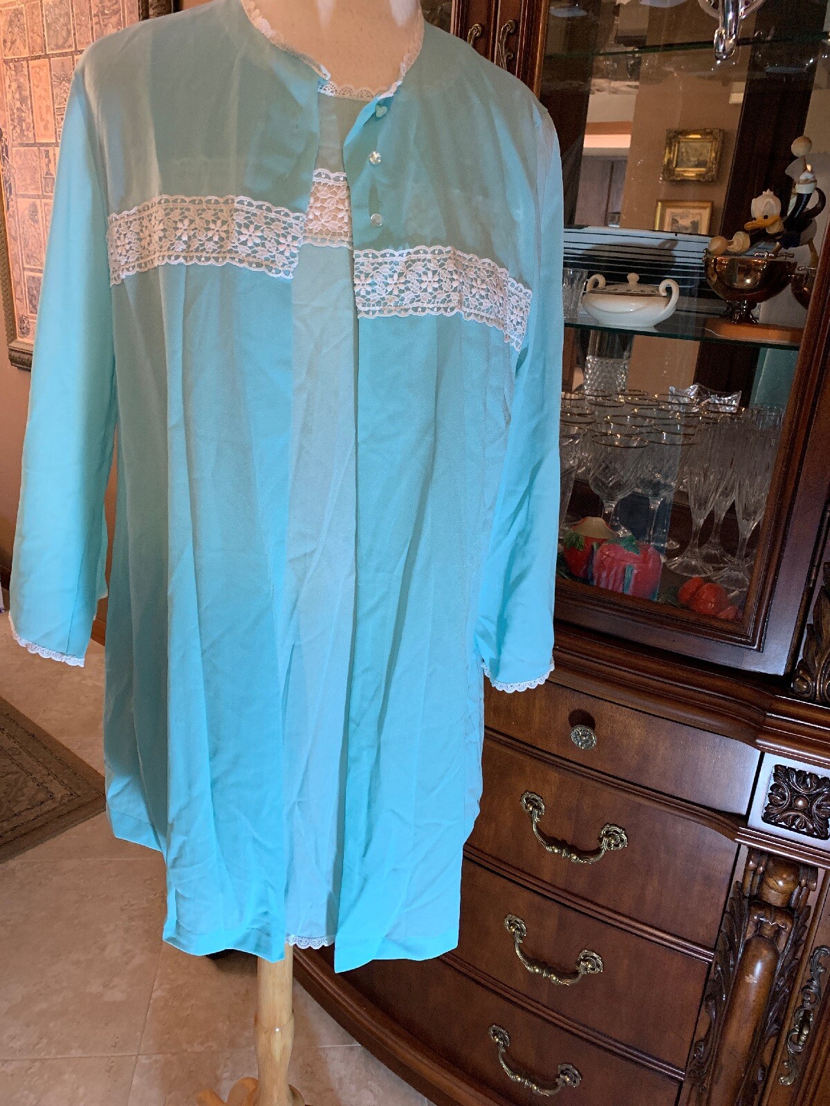 SISSY Slinky NYLON 2 PC NIGHTGOWN & Robe PEIGNOIR SET M Van Raalte Lace 40 Blue