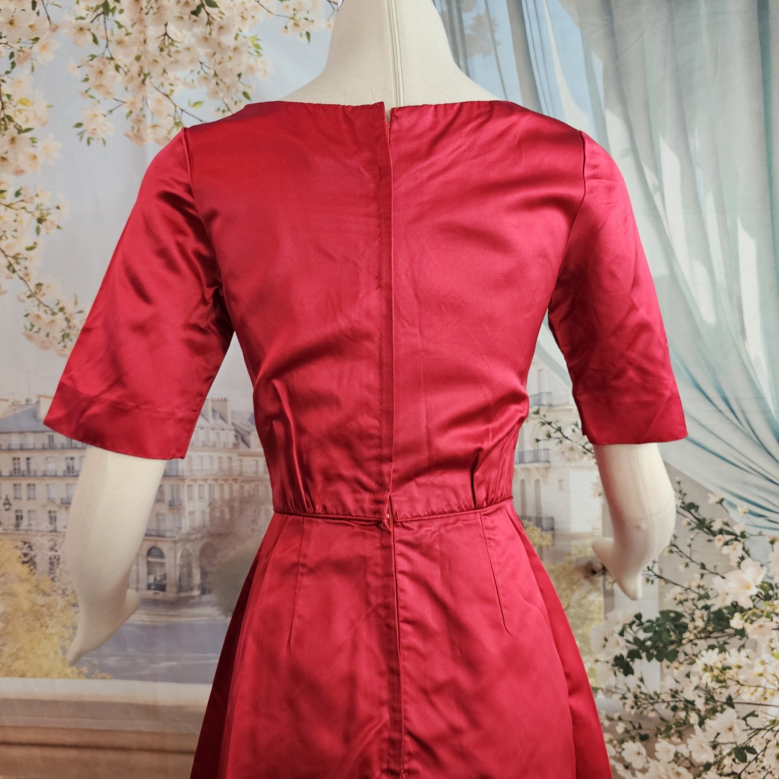 Vintage 1950s Dress Cherry Red Liquid Satin Half Sleeve Pinup Rockabilly