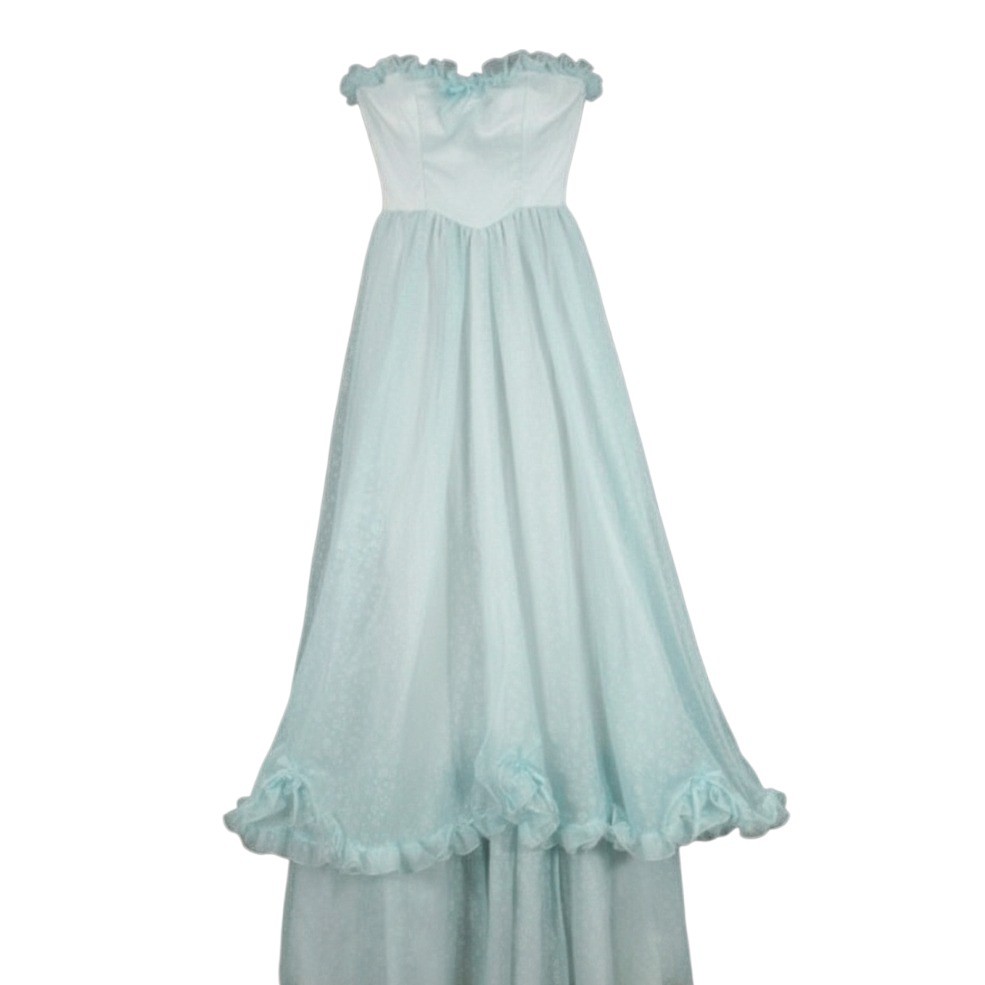VTG Prom/Wedding CHIFFON Blue Floral RUFFLE Sweetheart w/FULL SLIP Cupcake XS