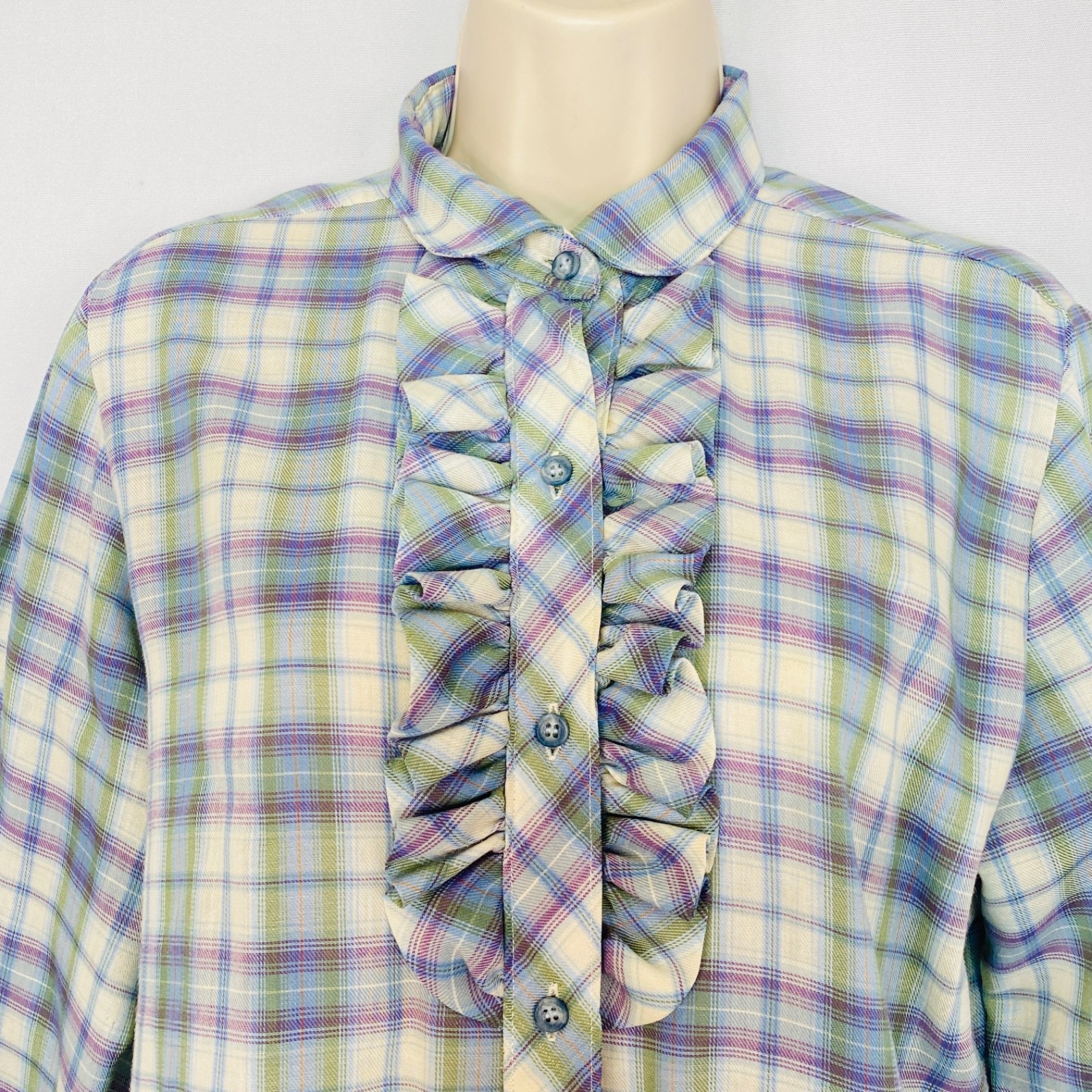 Vintage 1970s purple plaid blouse L ruffle long sleeve white green Victorian