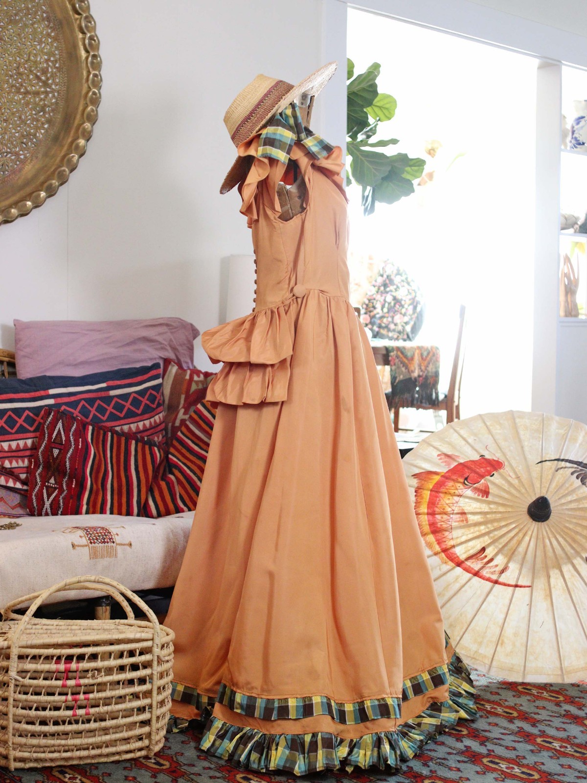 VTG 40s Southern Bell Maxi Gown Dress Ruffle Shoulders Bustle Back Gold Apricot