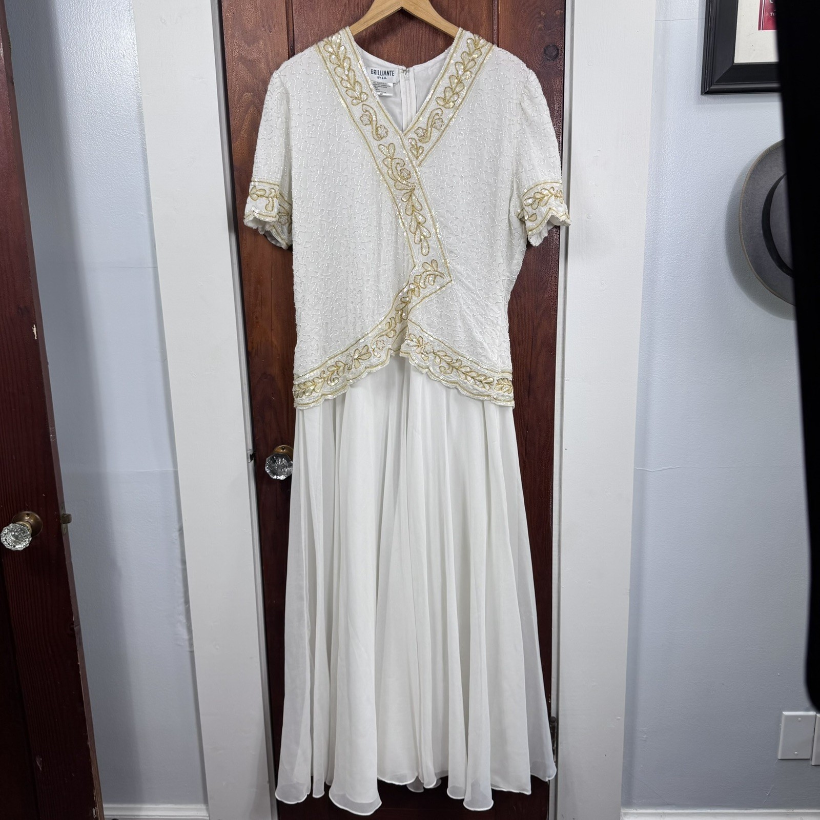 Vintage Brilliante by JA White Beaded Sequin Caftan Dress Maxi Short Sleeve XXL
