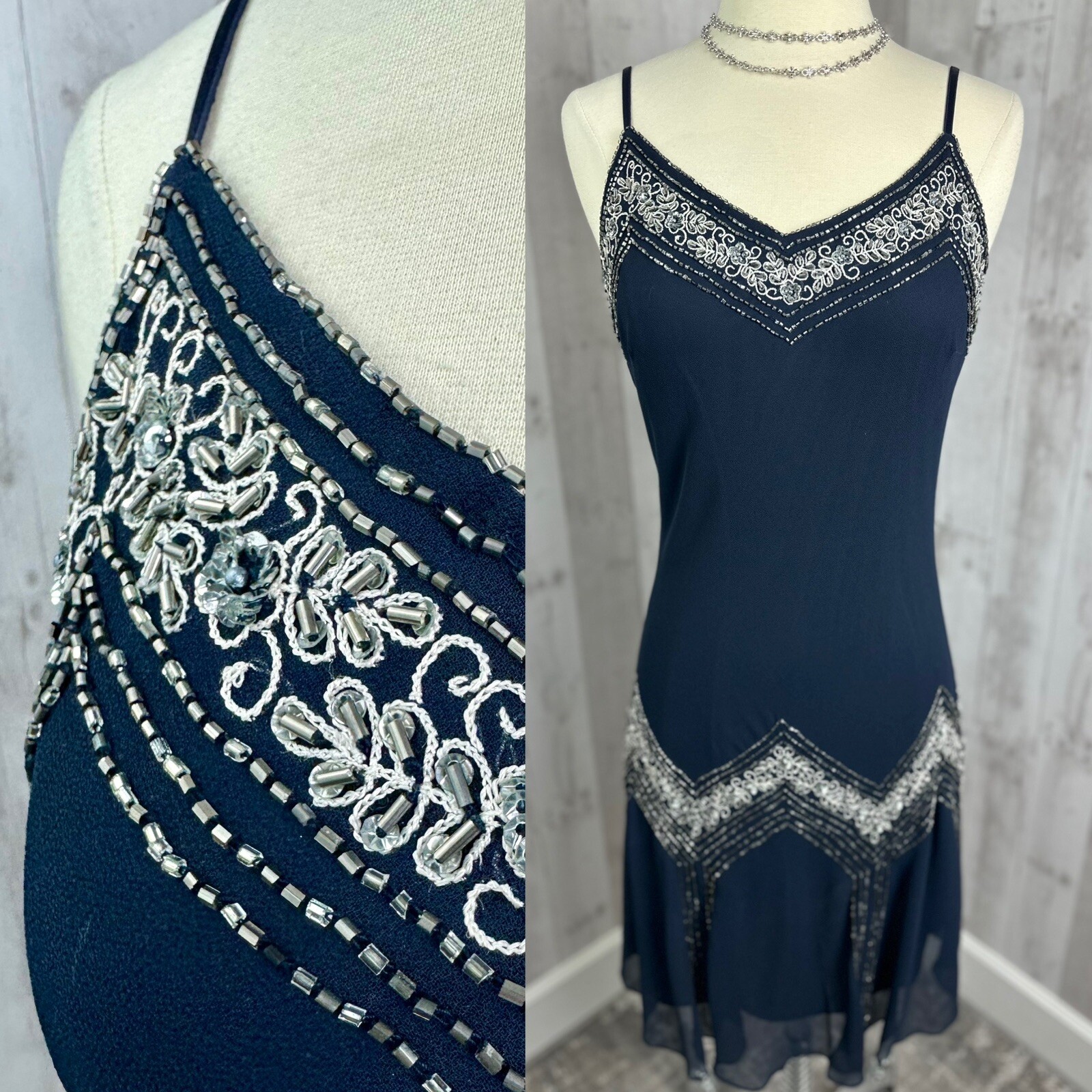 Vintage 90s J Kara Beaded Slip Dress Bias Cut Chiffon Overlay Flapper Dance Y2K