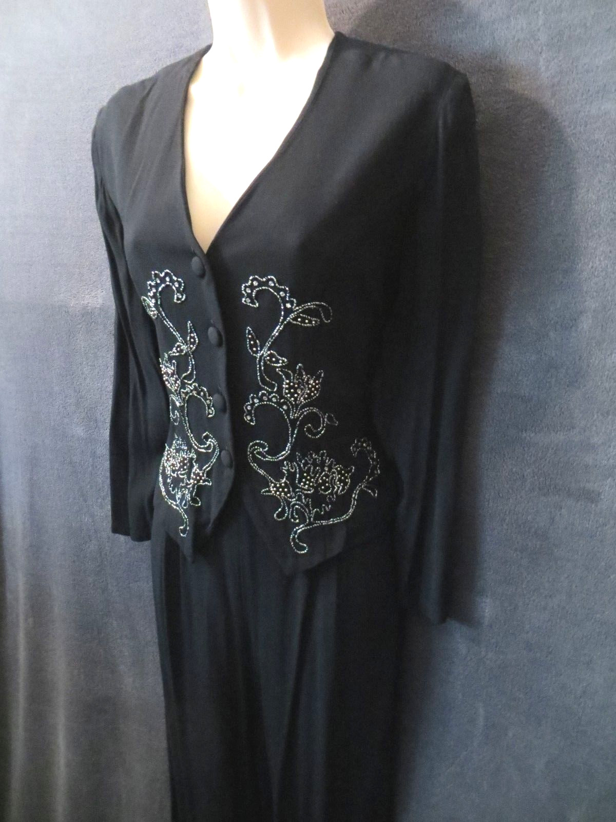80’s 90’s Vintage Karin Stevens Black Rayon Silver Rhinestone Vest Jumpsuit 8