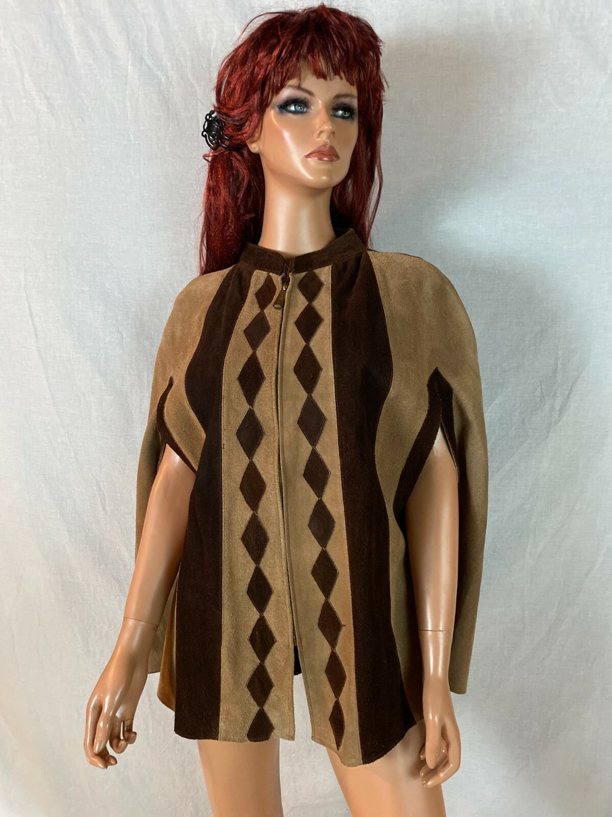 Vtg 60-70s Cape Poncho Coat 2 Tone Brown Diamond Art Love Zip Birds Back Hippy S