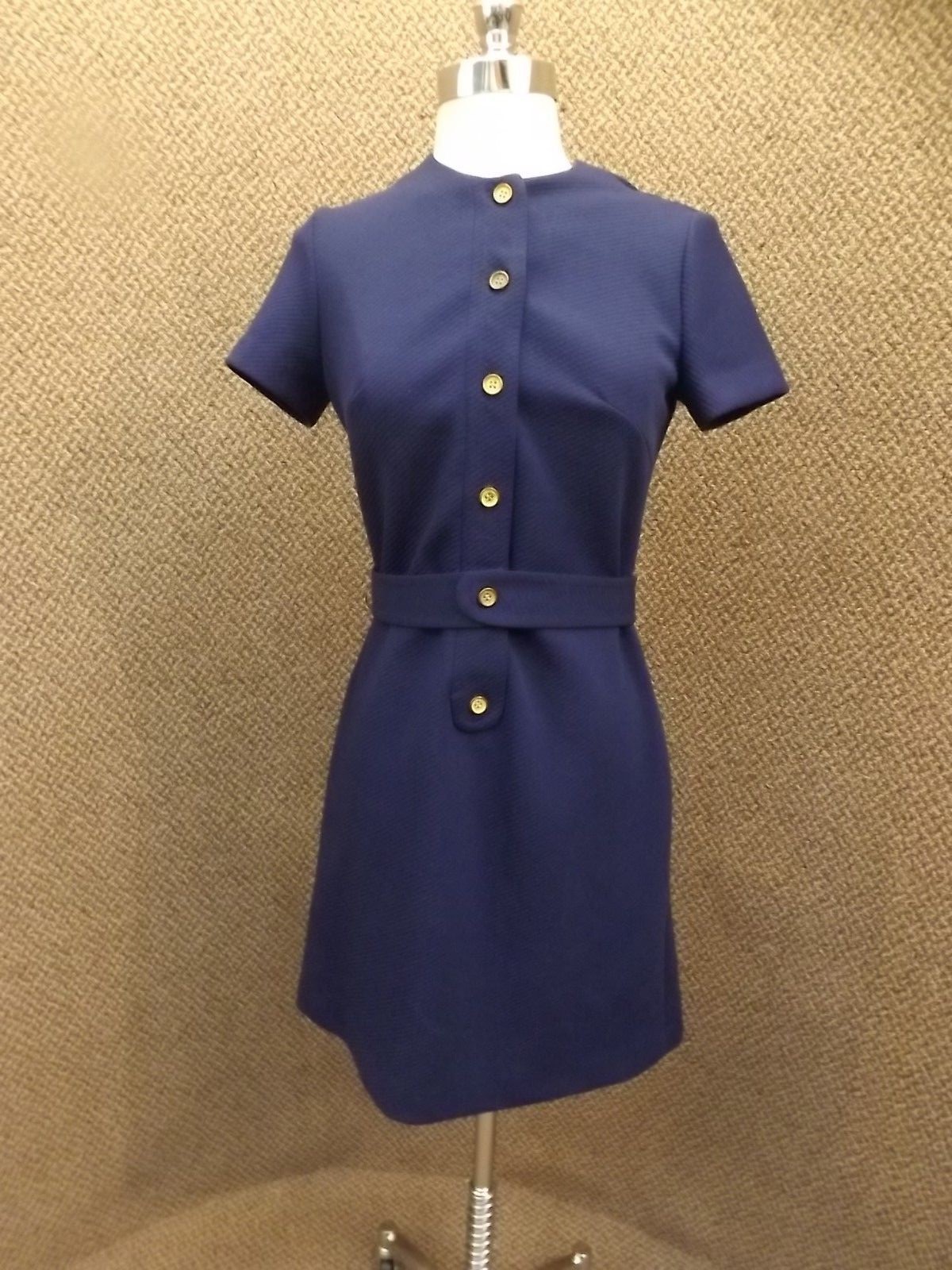 Vtg 1950s Stewardess Style Textured Striped Poly Button Down Dress Sz S Petite