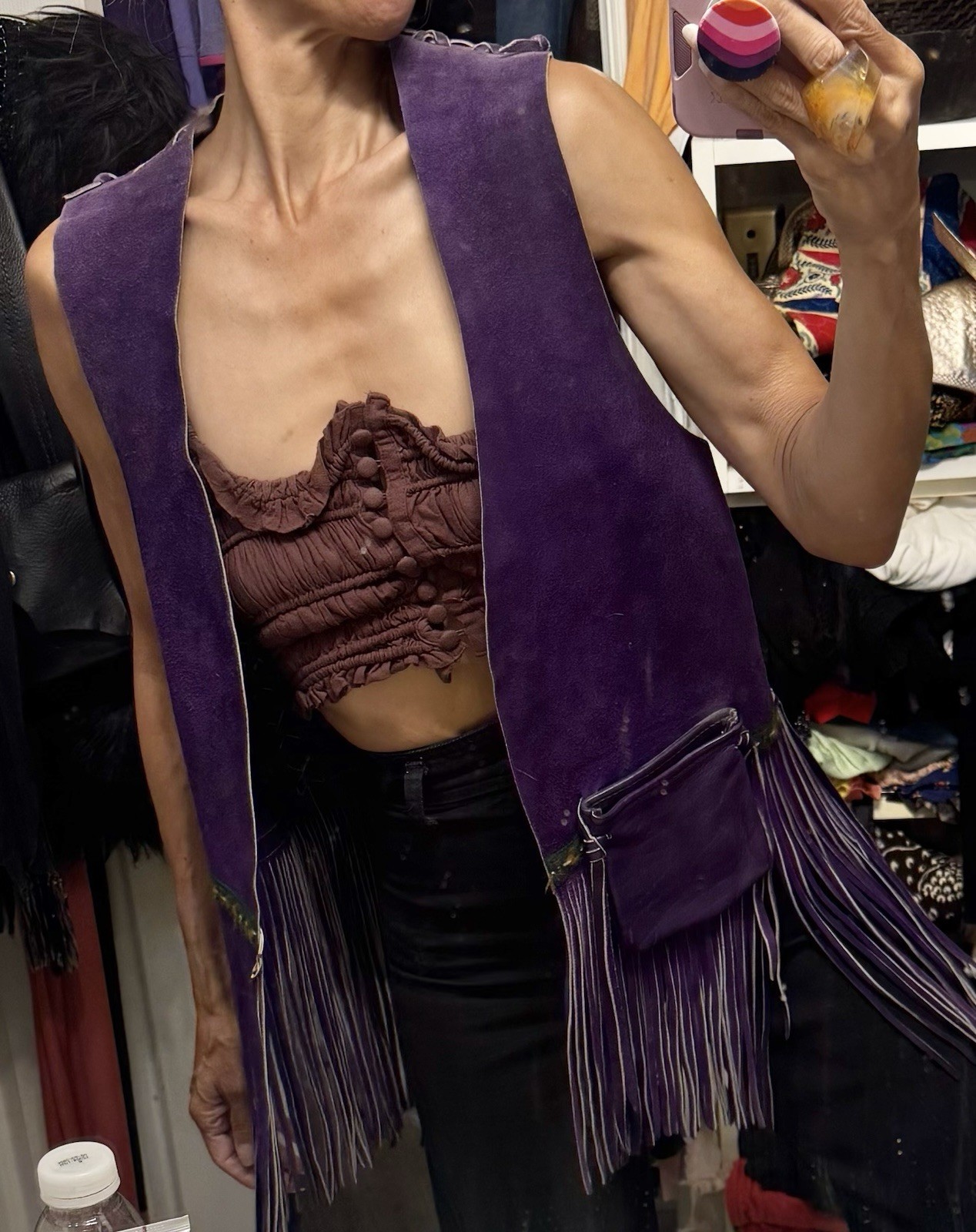 Vtg 70s Purple Leather Suede Vest Fringe Pocket Boho Rock Star Jacket Unisex
