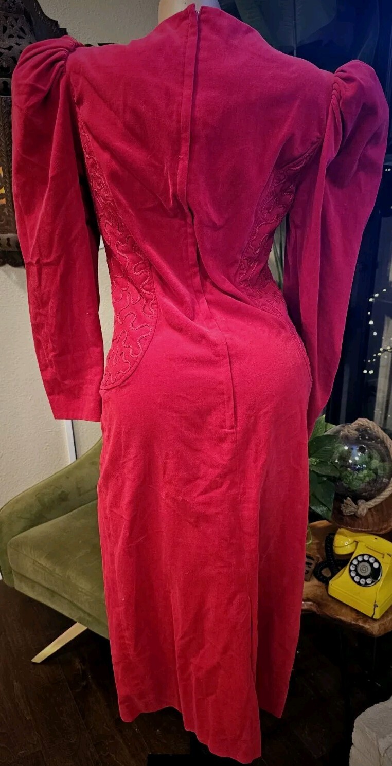 Vintage Barboglio Cristina Jan 80s Red Velvet Dress Size 8 Puffed Sleeves