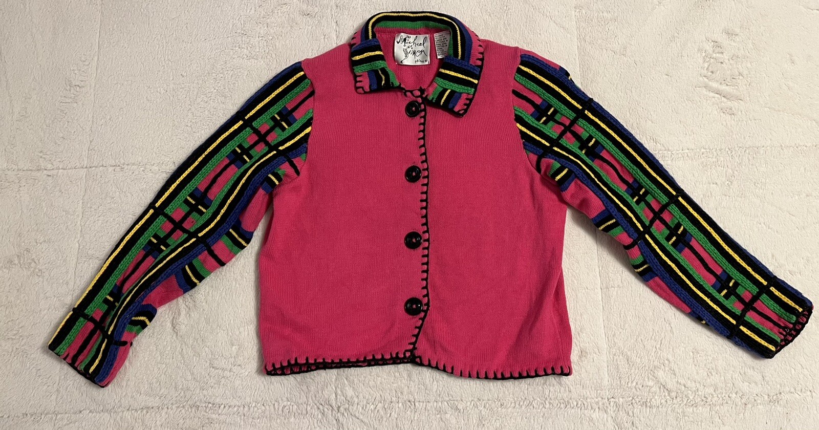 Vtg 90’s Michael Simon Hot Pink Multi Button Up Cardigan Wm Med Petite Collared