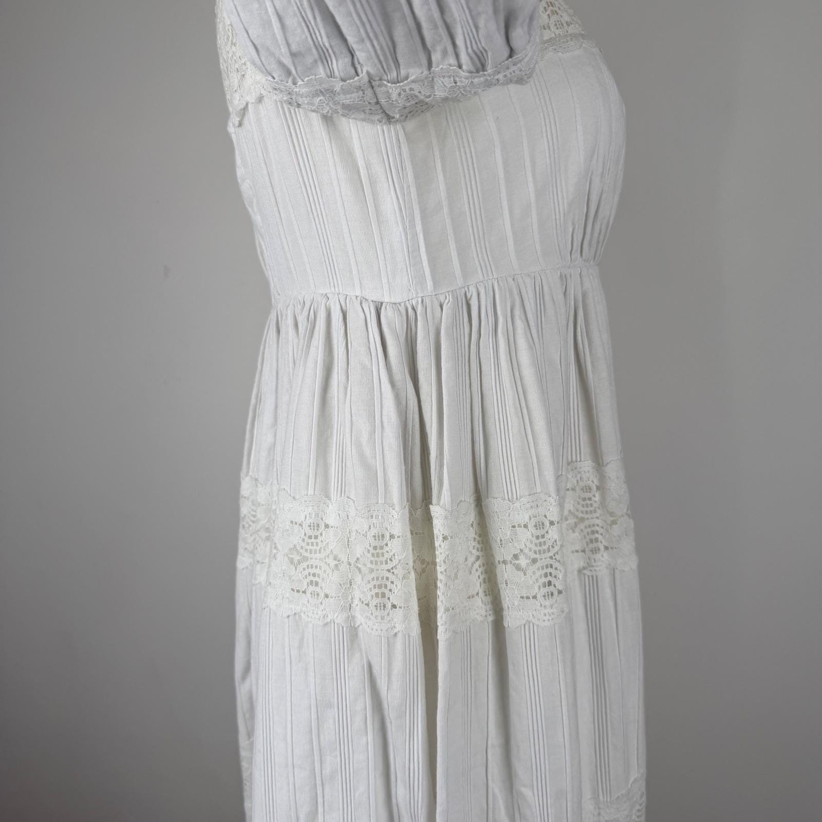 Vintage 70s White Maxi Dress Pleated Cotton Boho Wedding Cottagecore Size S