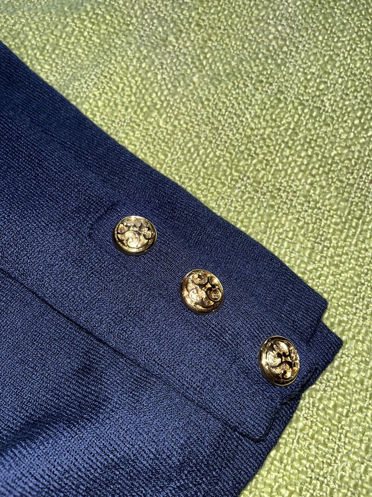 Jacobson’s Navy Blue Knit 3 Piece Pant Set Cardigan Shell Gold Buttons women’s M