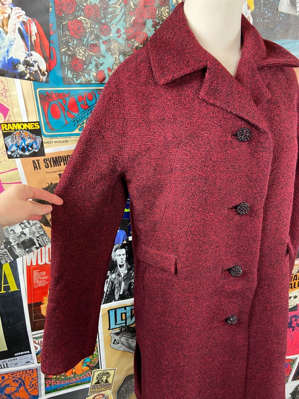 Vtg Womens 60s Red Black Single Breasted Bromleigh Wool Car Coat