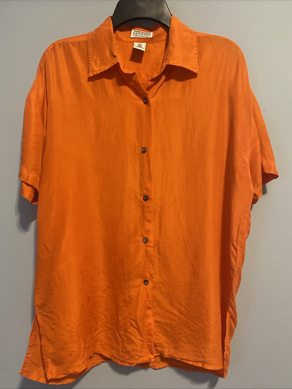 Vtg 100% Silk Blouse Orange Compagnie Internationale Express Boxy Button Up XS