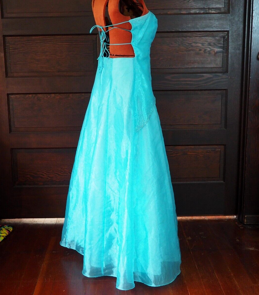 VTG 90s Kiki Turquoise Chiffon Taffeta Sleeveless Glitter Lace Up Gown Dress L