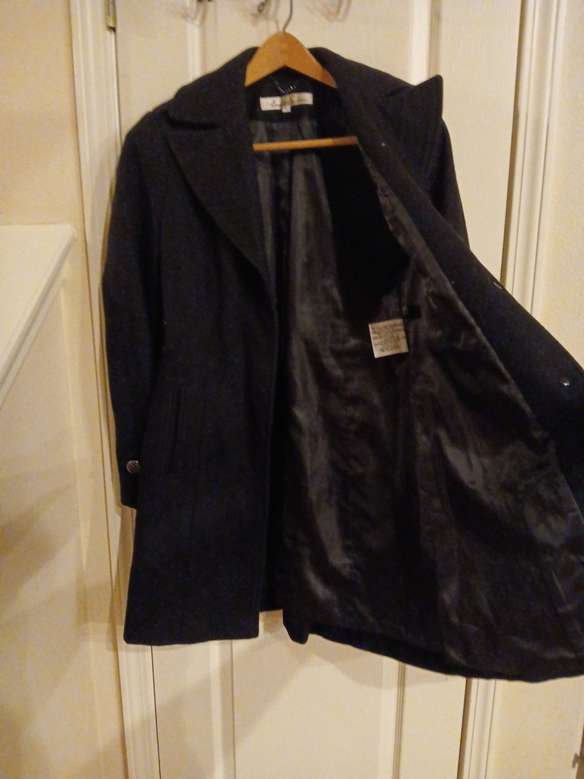 Vintage Kenneth Cole black wool blend mid length walker Pea coat side buckles 6