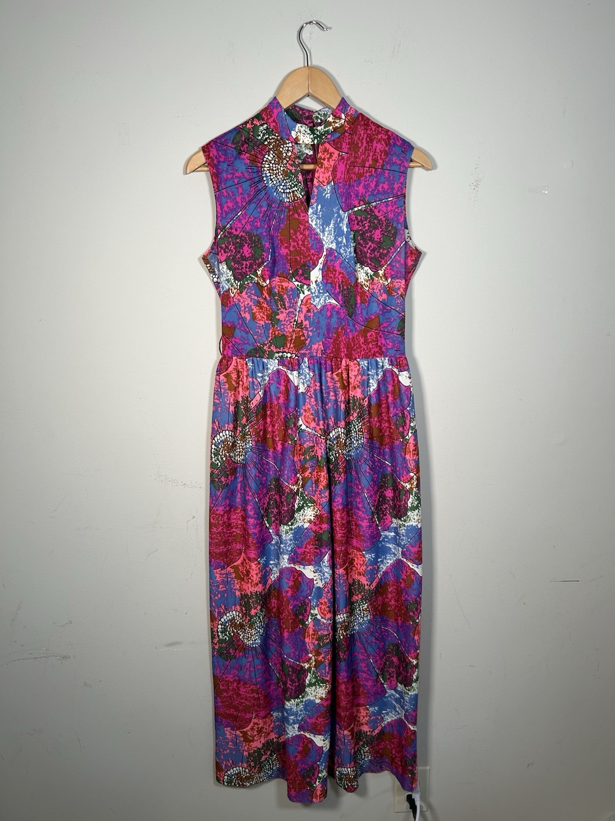 VTG 60s Floral Abstract Mock Neck Hippie Psychedelic Long Maxi Dress Sz M