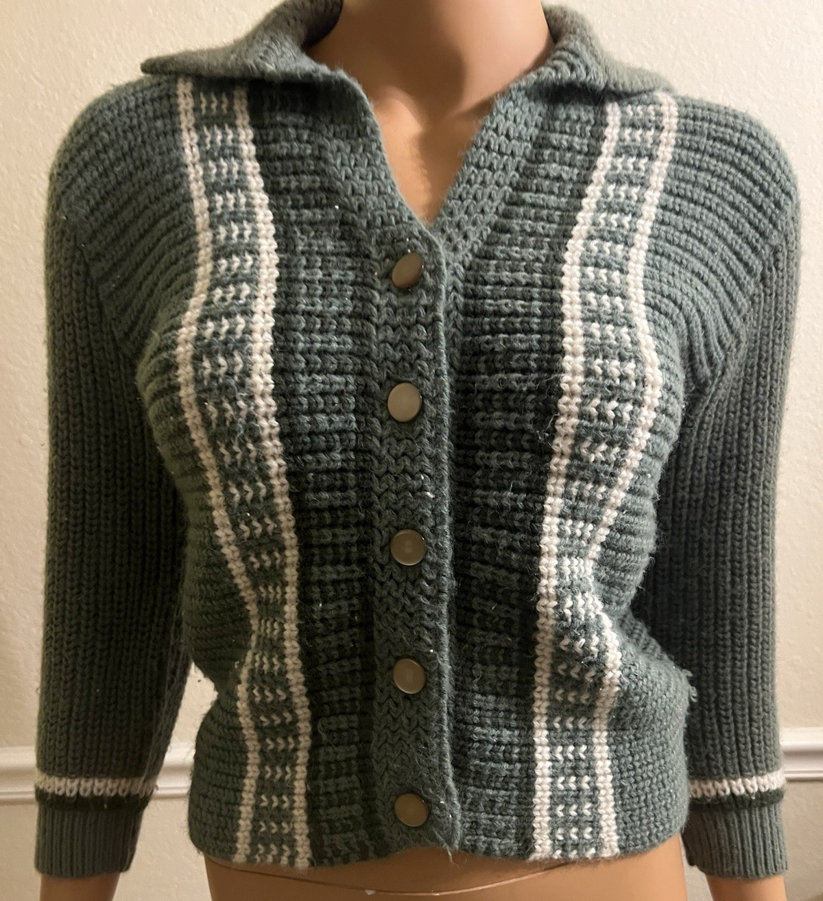 Vintage 60s Cozy HUNTER GREEN Preppy Striped Cropped Cardigan Small