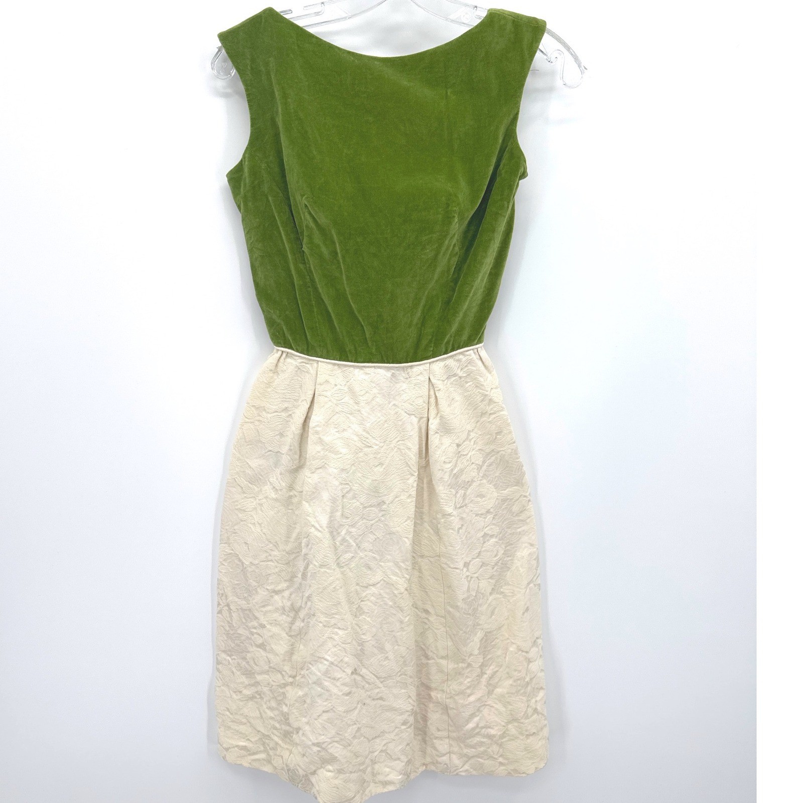 VTG 1960’s Green Velvet Cocktail Dress Cream Floral Brocade Luxury Rockabilly
