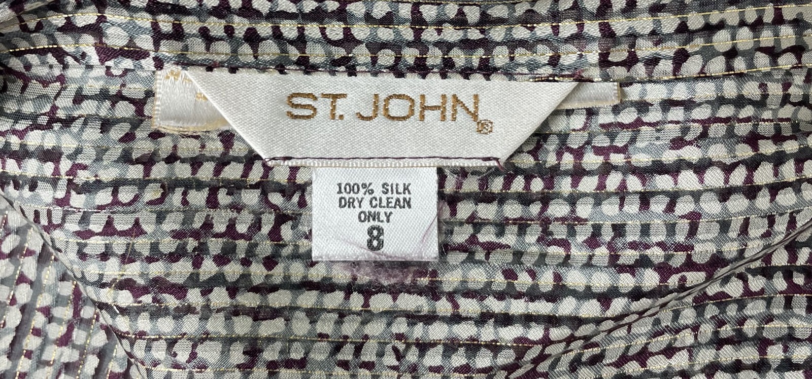 St. John Vintage Gold Metallic Burgundy Neck Tie Blouse 8
