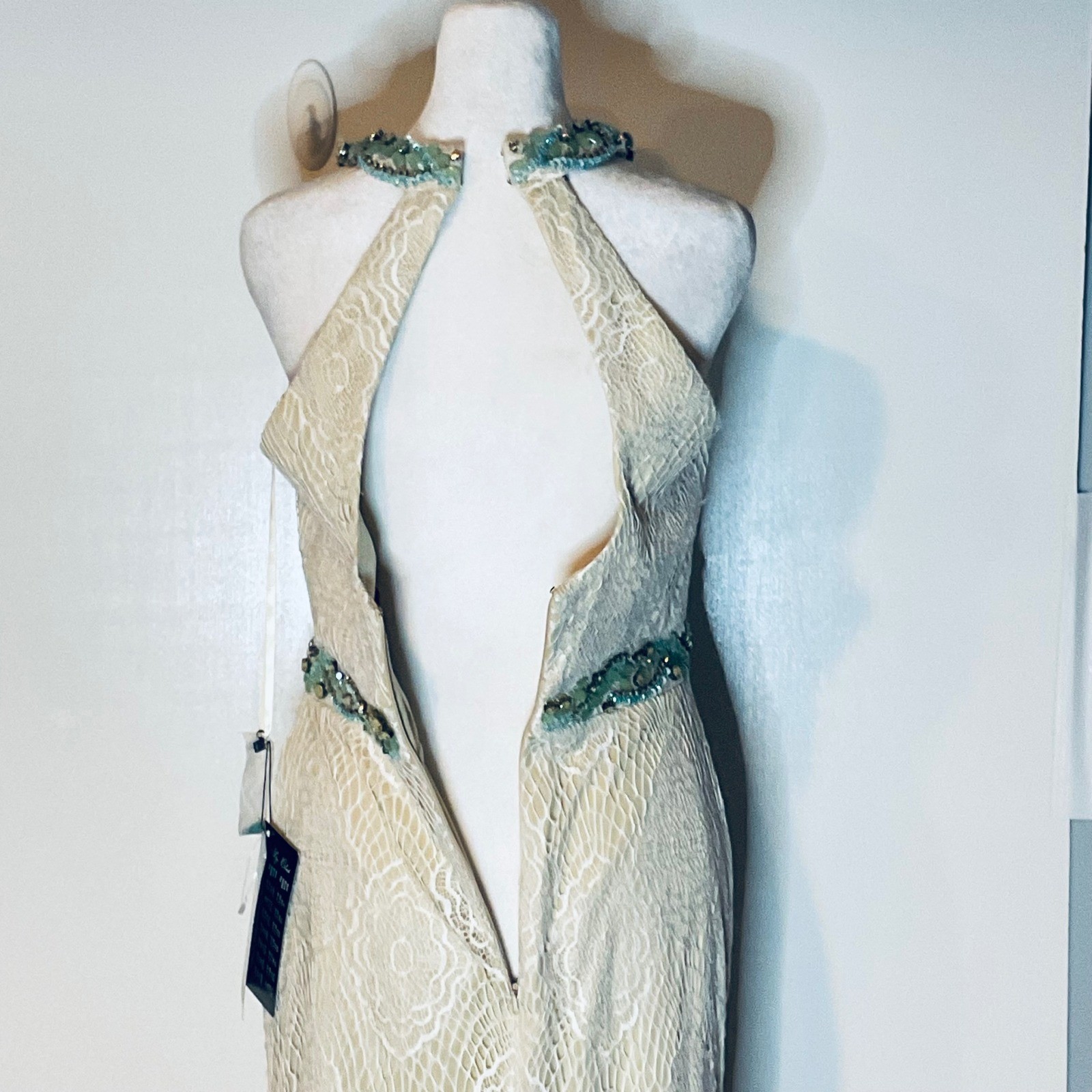 Vtg Nina Canacci 1230 Green Beaded Lace Halter Prom Formal Pageant Gown NWT 10