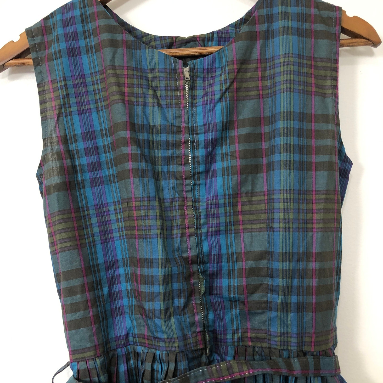 VTG 70s Montgomery Ward Plaid Dress Embroidered Pockets Belted XS Praire