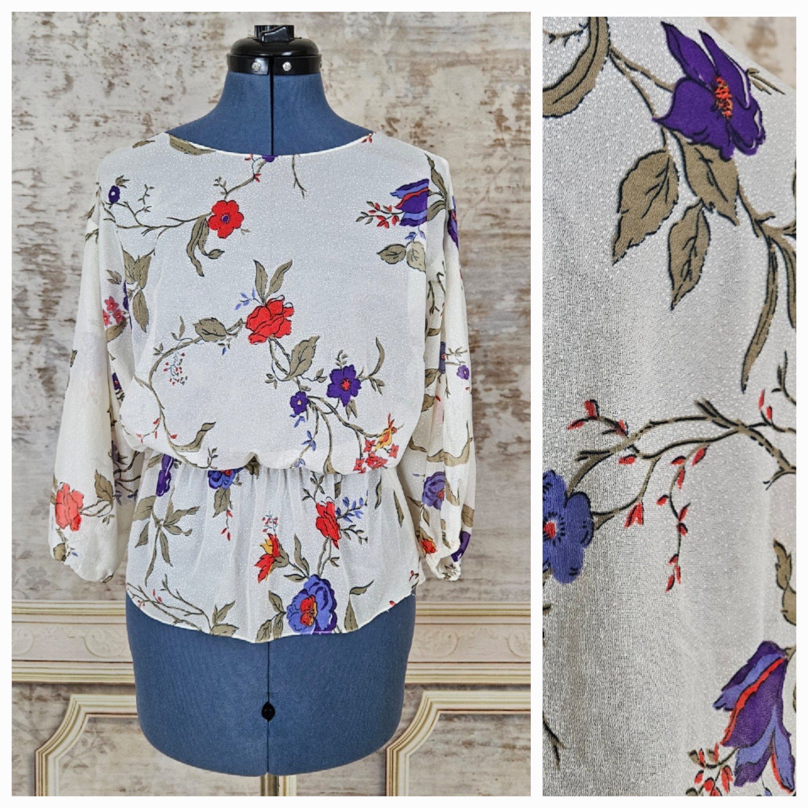 Vintage Sheer Blouse Small Floral Top Peplum 3/4 Sleeves Purple Red Ivory 1970s