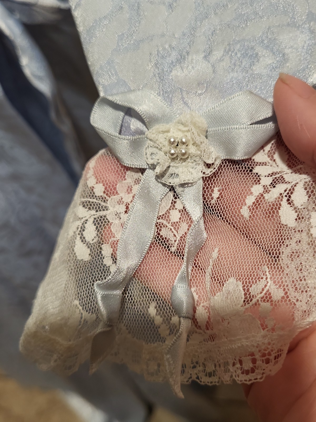 Vintage Christian Dior Paris New York Satin Night Robe Lace Collar Powder Blue