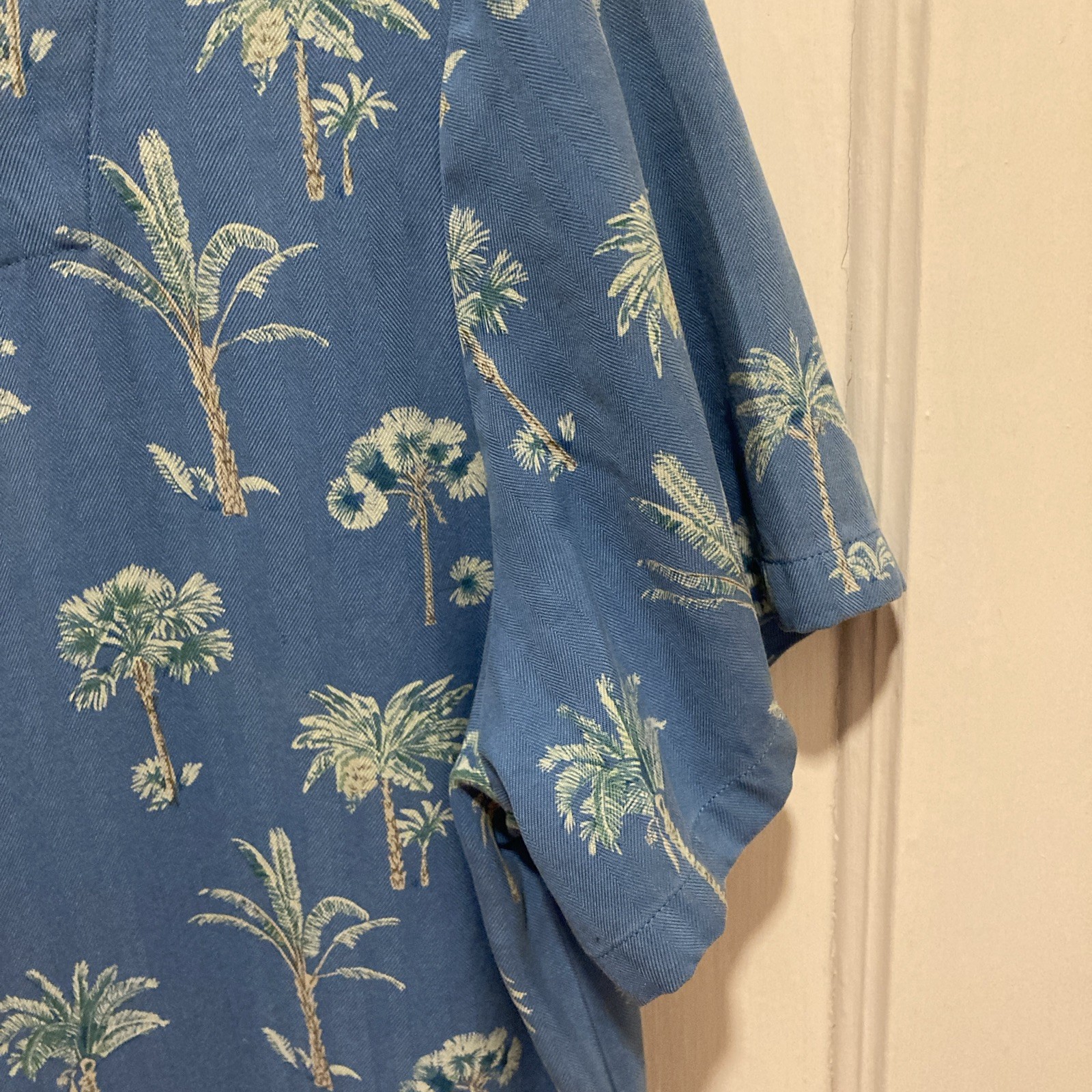 Rum Runner Hawaiian Silk Maxi Tiki Dress M-L Blue Green Tropic Palm Tree Vintage