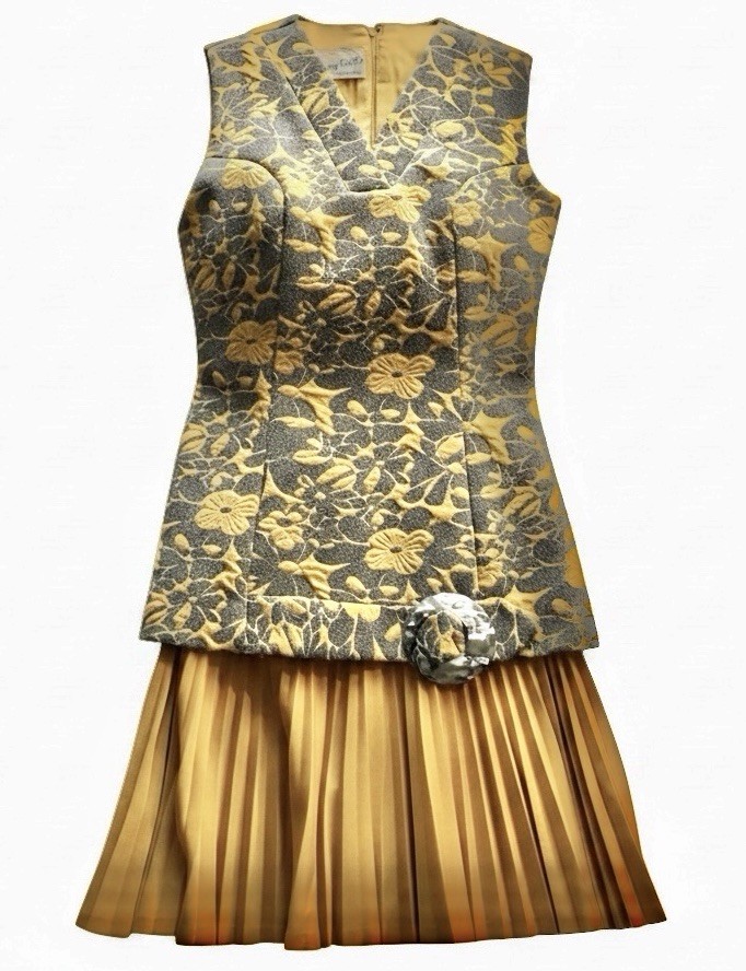 Vintage 1960s Mary Dobbs One-Piece Gold Brocade Dress Pleated Hem Lucite Buckle