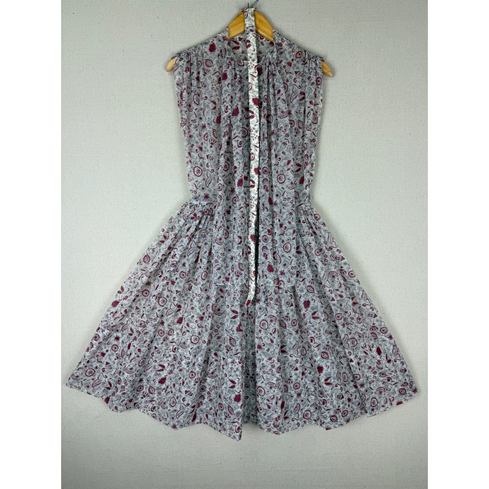Vintage 1950s 60s Handmade Sheer Paisley Floral Bow Fit Flare Dress M VTG