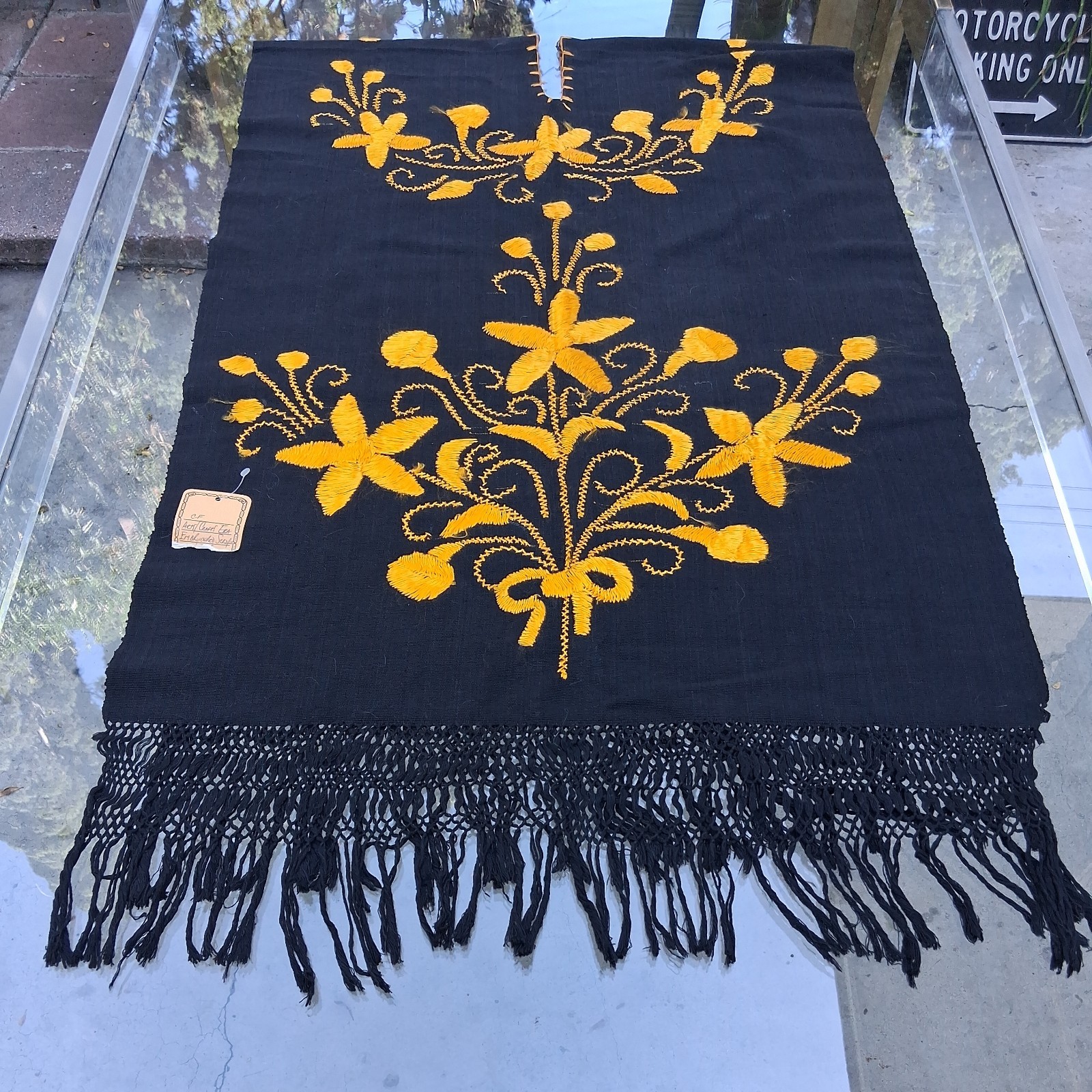 Arts & Crafts Era Black Wrap Cape Shawl Poncho Gold Embroidered Tassel