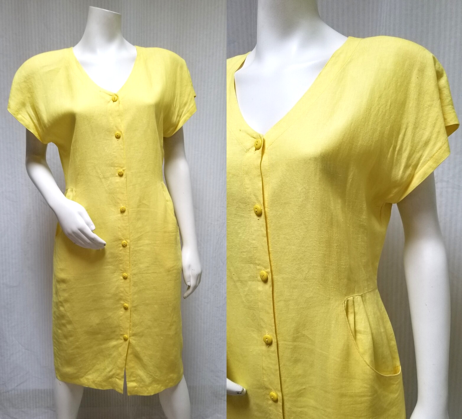 Vintage 1980’s Bebo Roma Yellow Linen Button Front DRESS – Size M/L
