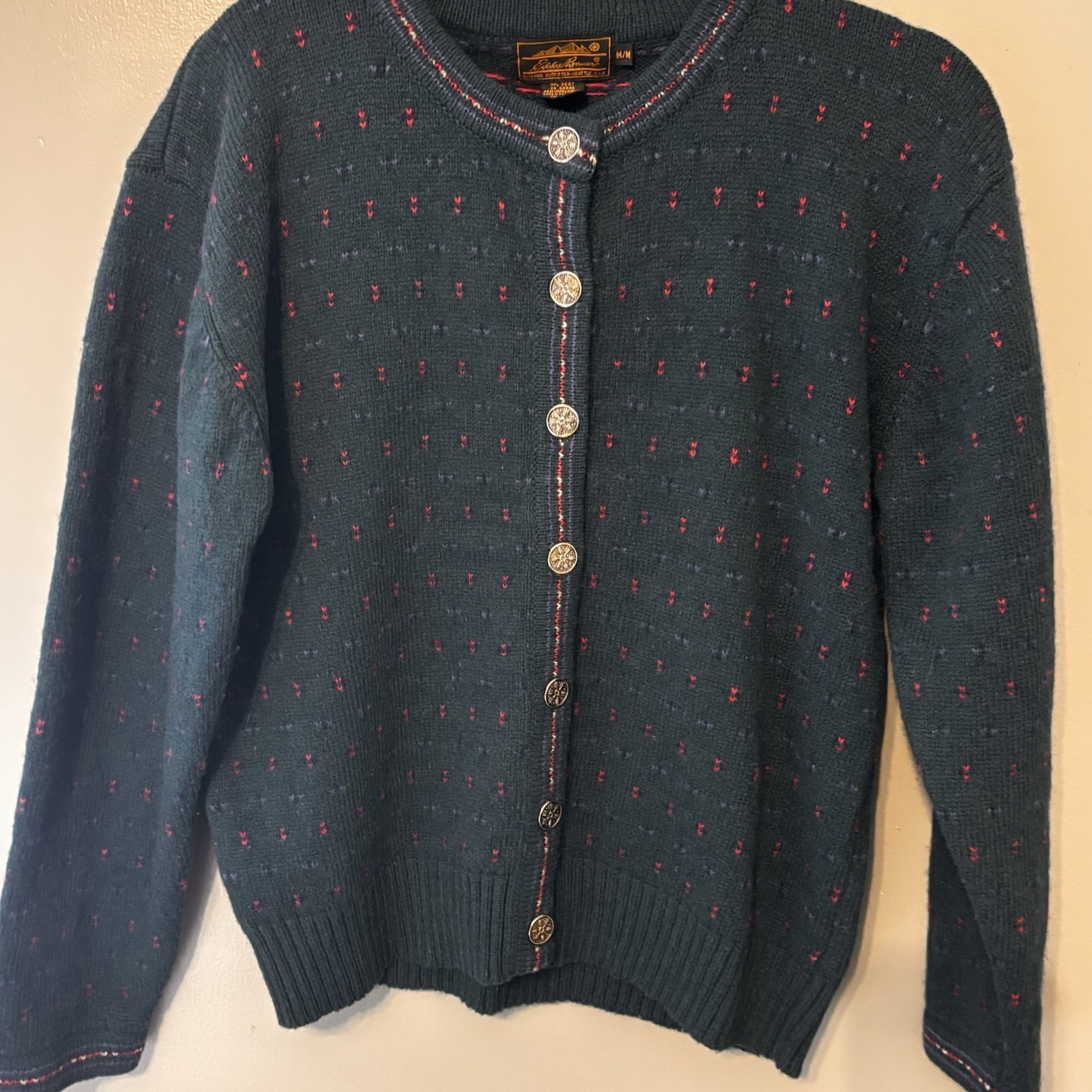 Wool Blend Cardigan Sweater M Dark Green Teal birdseye Vtg Eddie Bauer Snowflake